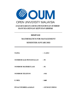 OUM BBMP1103 Laili MATHEMATICS FOR MANAGEMENT - StuDocu