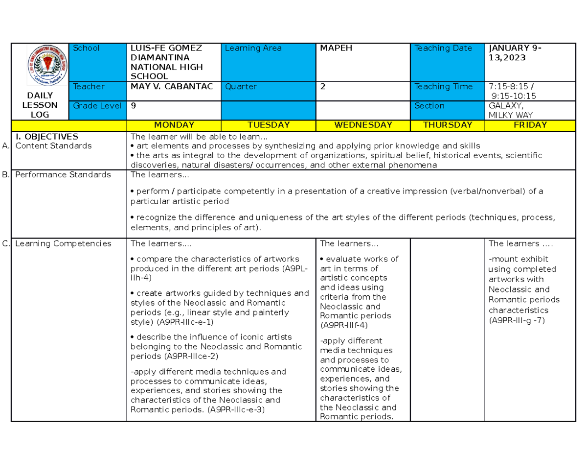 WEEK 8ARTS 9 DLLQuarter2 Copy DAILY LESSON LOG School LUISFE