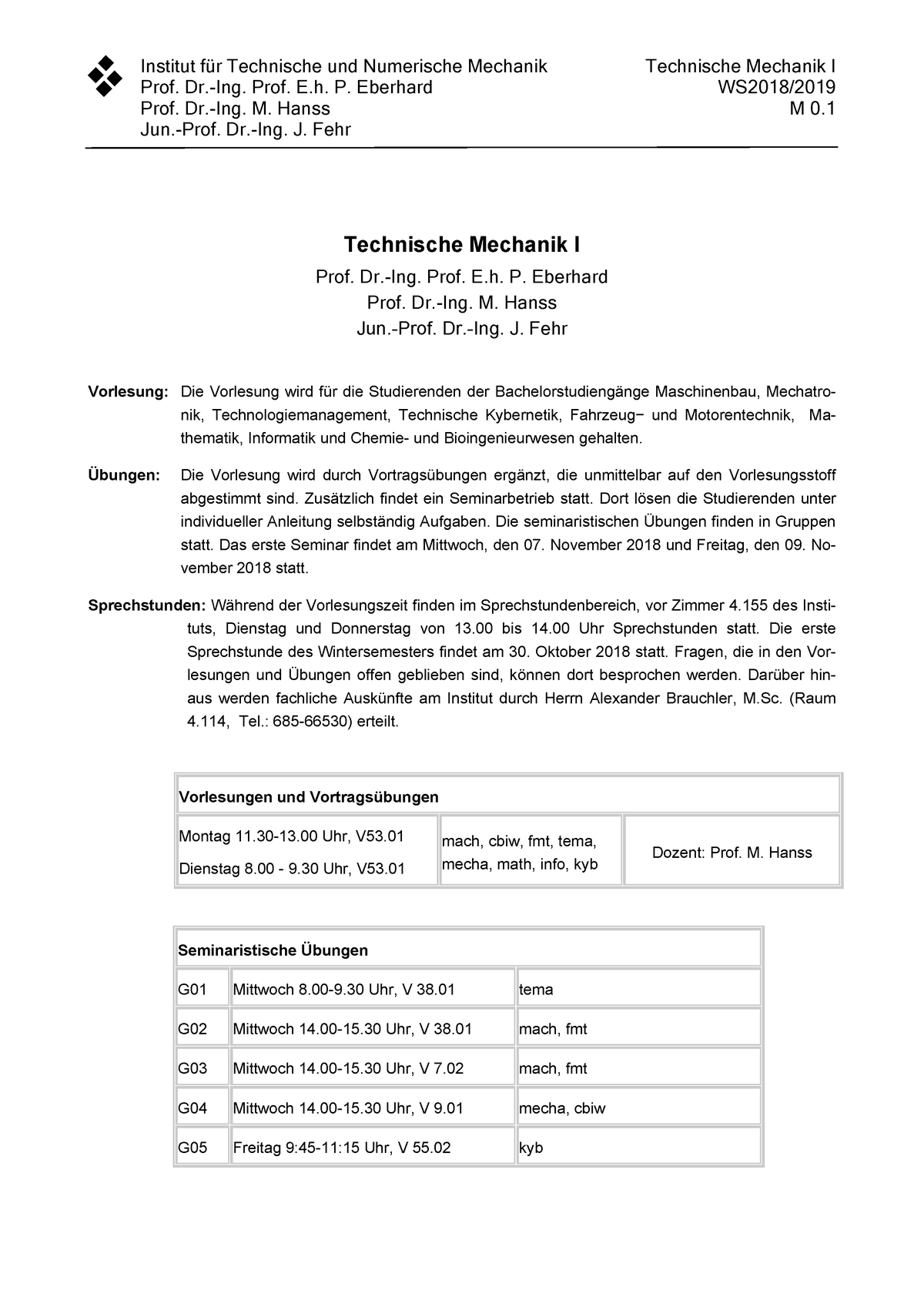 Merkblaetter TM1 Merkblätter für TM Institut für Technische und Numerische Mechanik Prof