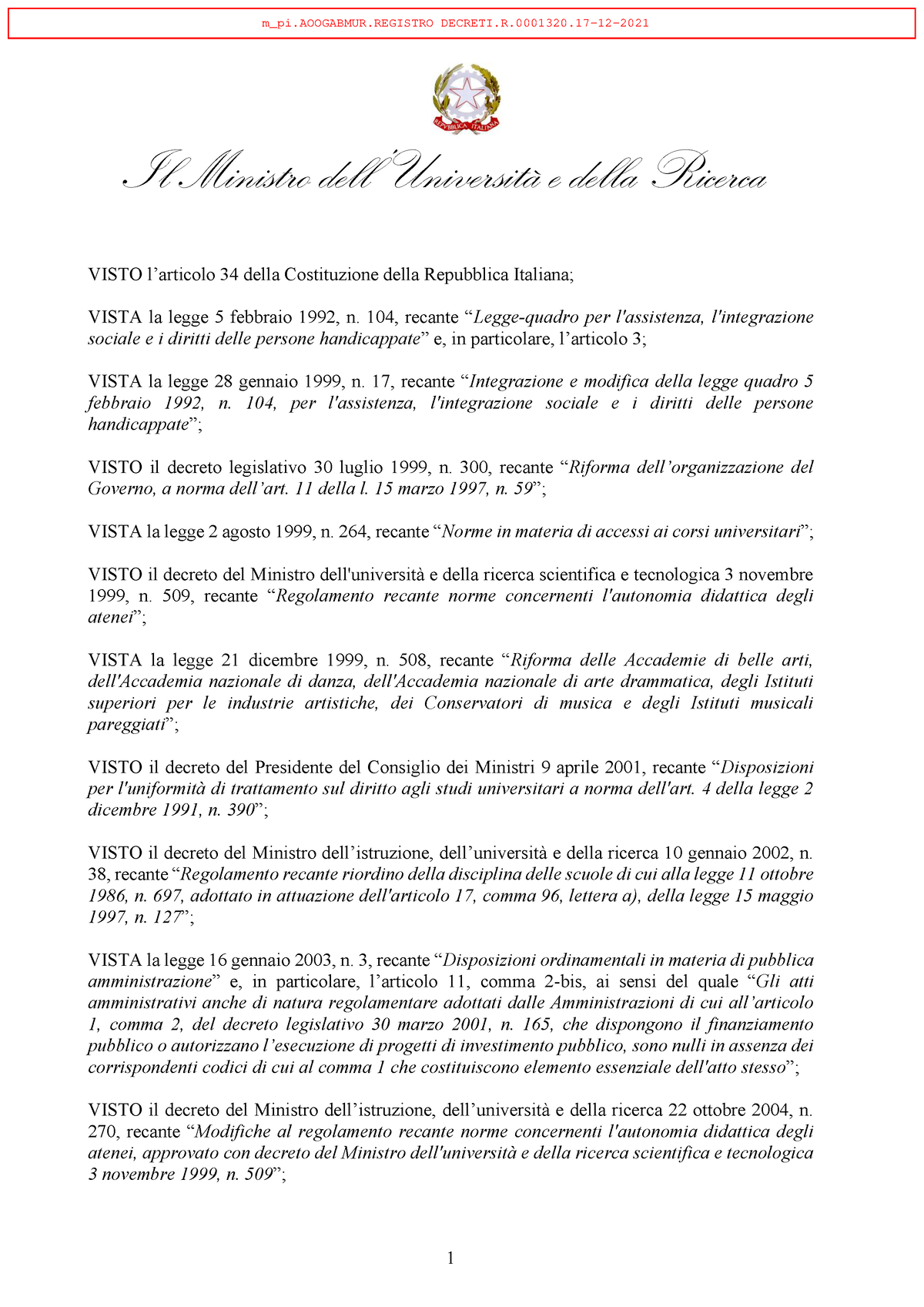 Decreto Ministeriale N. 1320 Del 17-12-2021 - Il Ministro Dell ...