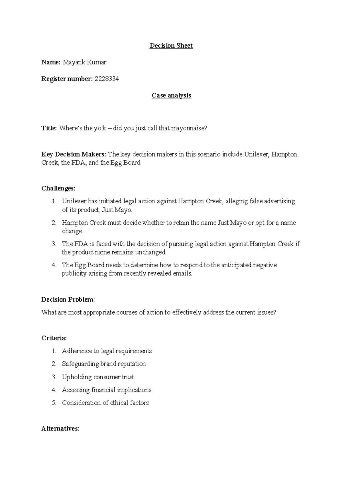 A&PR Decision Sheet 2 - Notes - Decision Sheet Name: Mayank Kumar ...