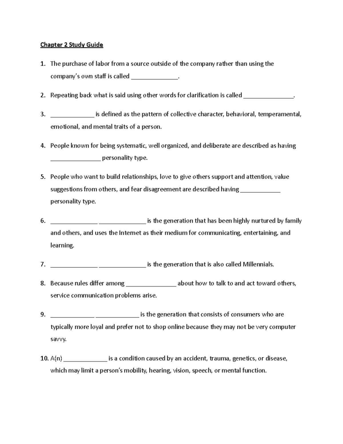 Chapter 2 Study Guide - Chapter 2 Study Guide The purchase of labor ...