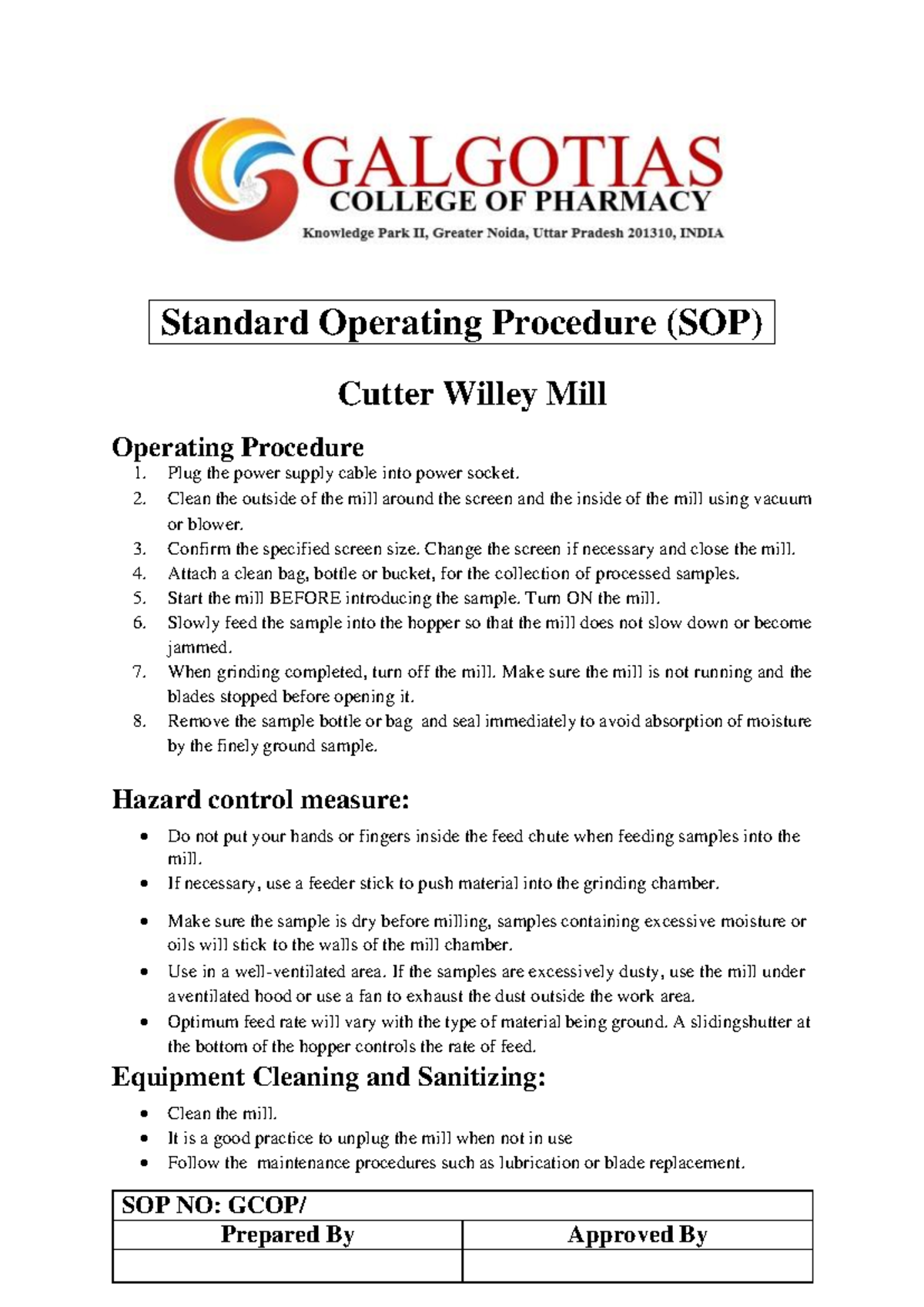 Cutter Willey Mill 1 - SOP of all equipment's used in Labs - Cutter ...