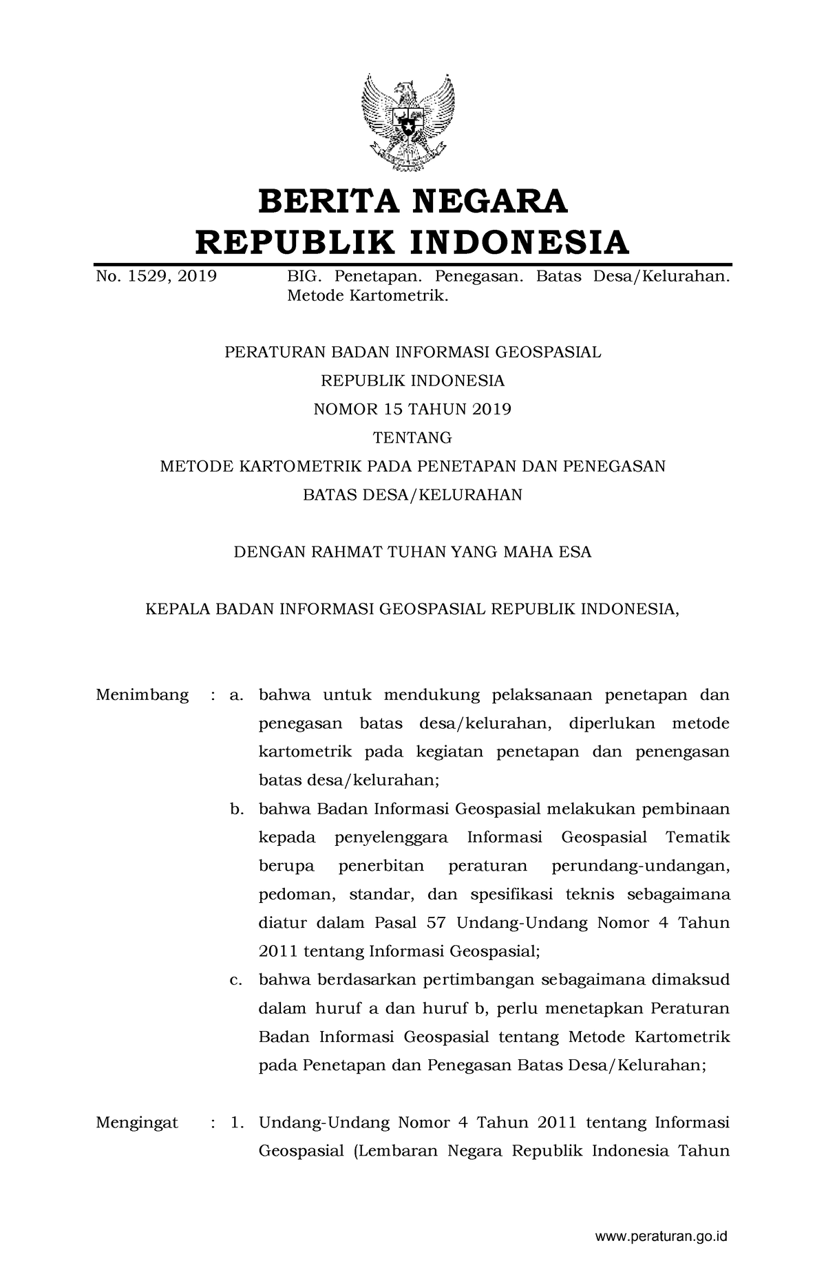 Peraturan BIG Nomor 15 Tahun 2019 - BERITA NEGARA REPUBLIK INDONESIA No ...