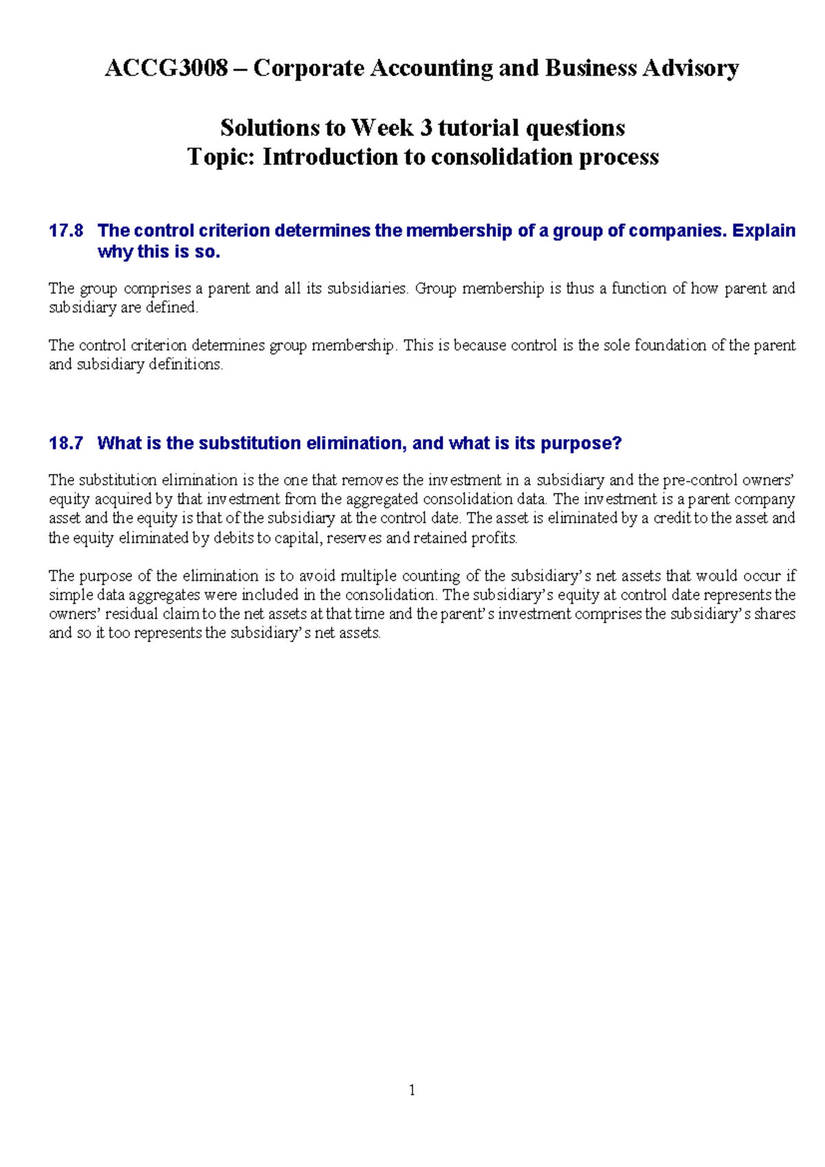 Week 3 tute solutions - Tutorial answers - ACCG3008 – Corporate ...
