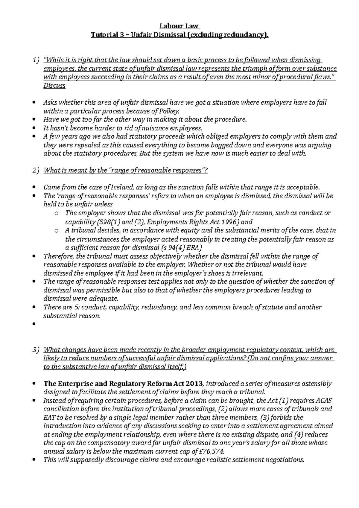 Labour Law - Tutorial 3 Unfair Dismissal - 1) “While it is right that ...
