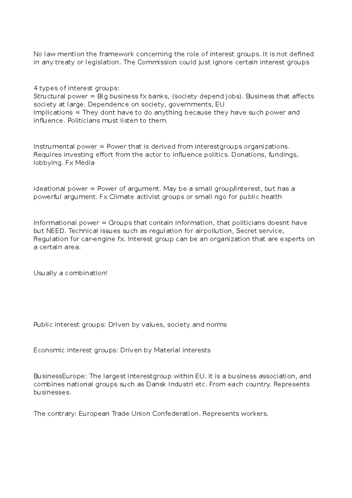 EU interest groups - Noter af diverse politiske processer af ...