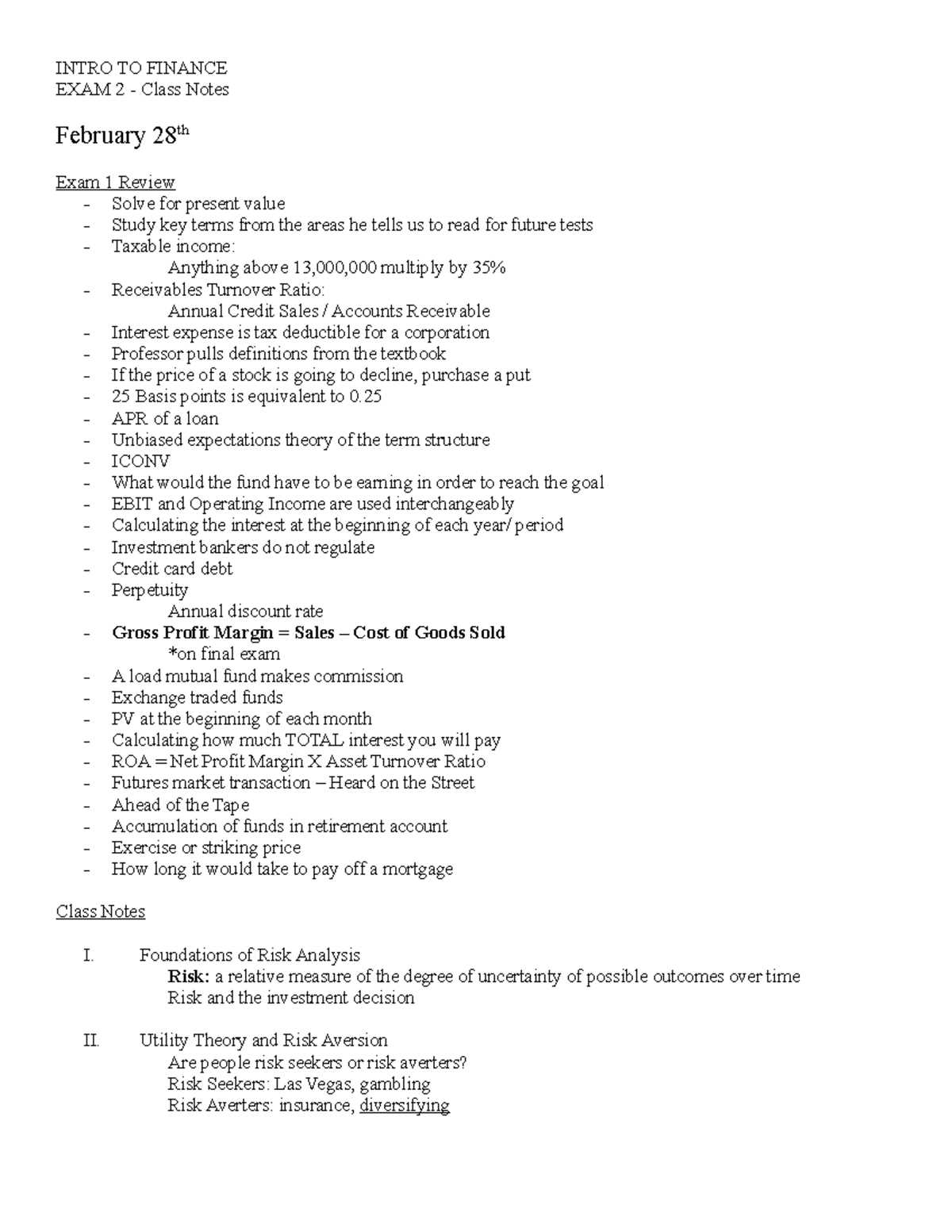 Intro to Finance class notes exam 2 INTRO TO FINANCE EXAM 2 Class