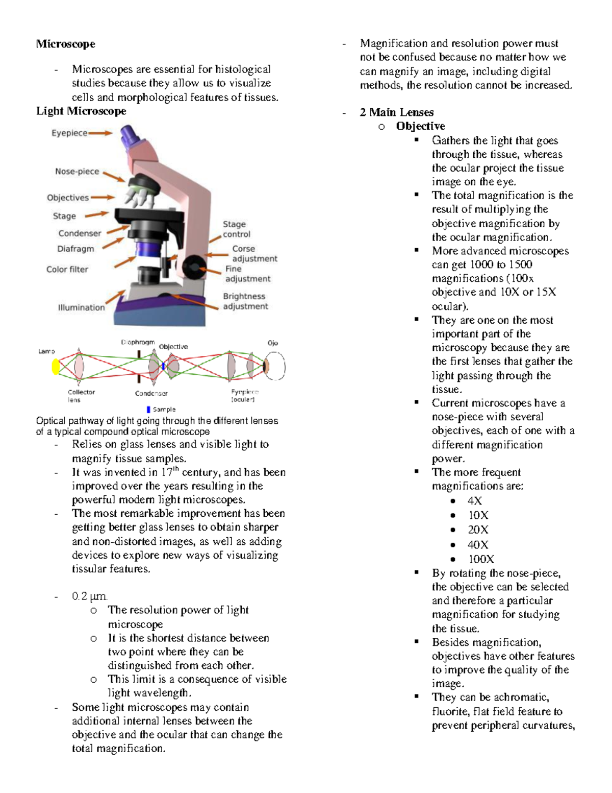 Microscope Notes for CHEM Microscope Microscopes are essential for