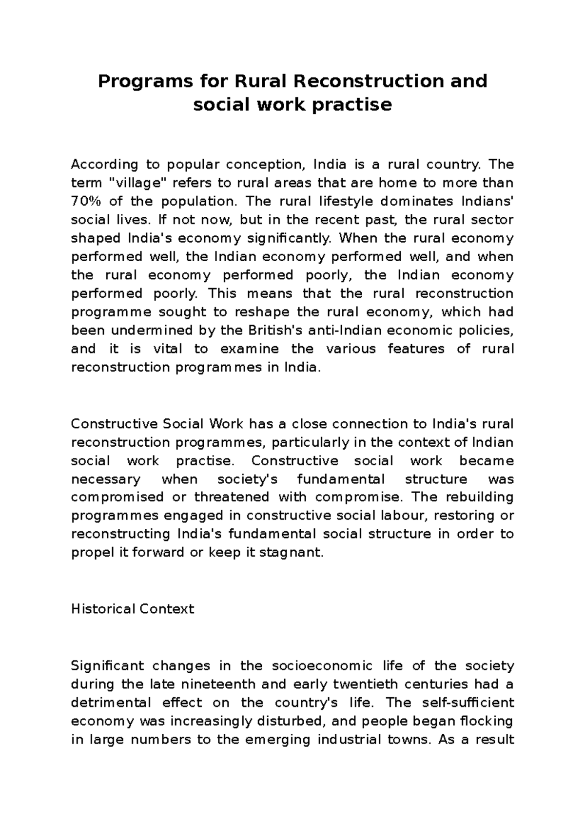 Programs for Rural Reconstruction and social work practise - Programs ...