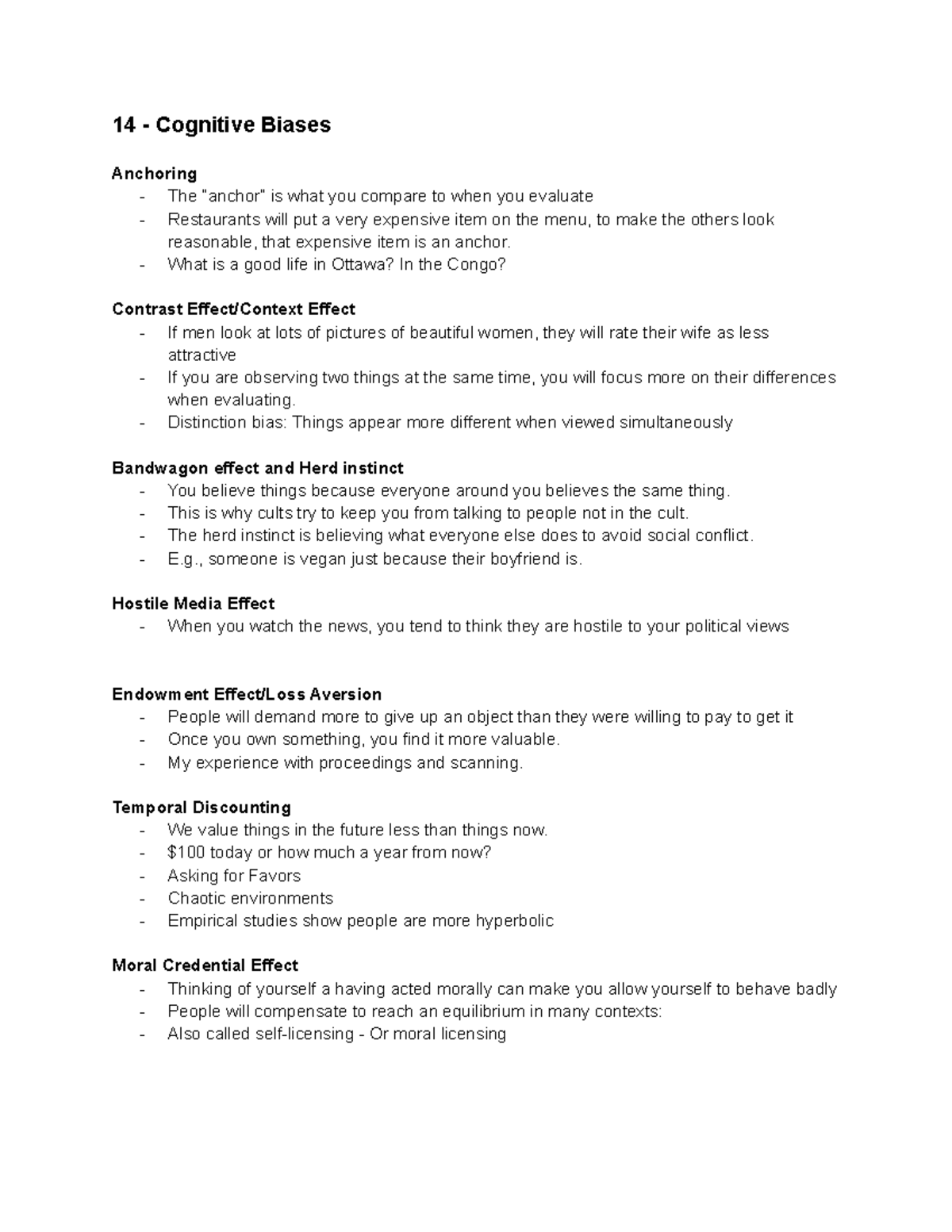 Cognitive Science Notes 14 Cognitive Biases Anchoring The “anchor