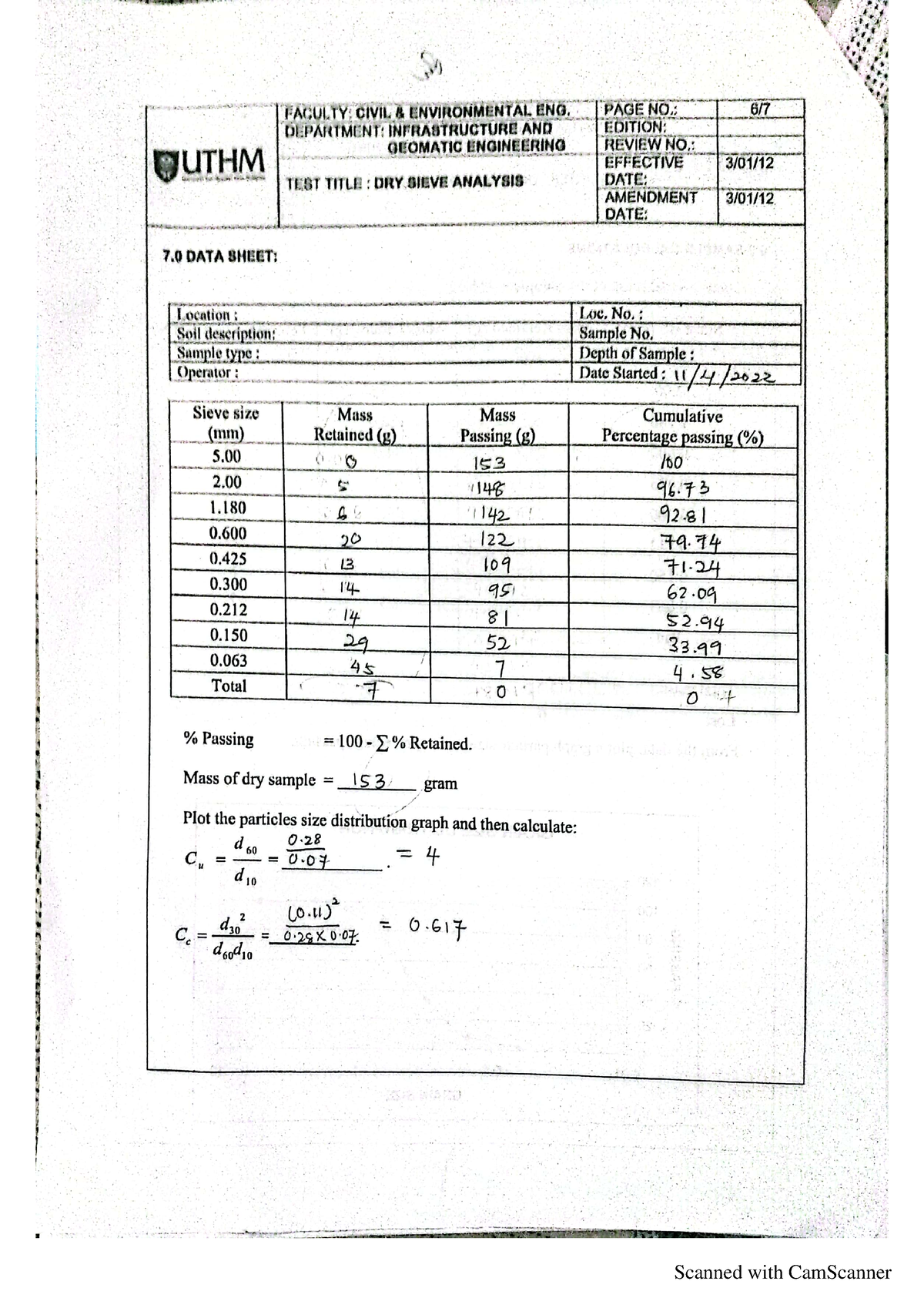 Calculation Sieve Analysis Civil Engineering Laboratory Ii Scanned With Camscanner Scanned