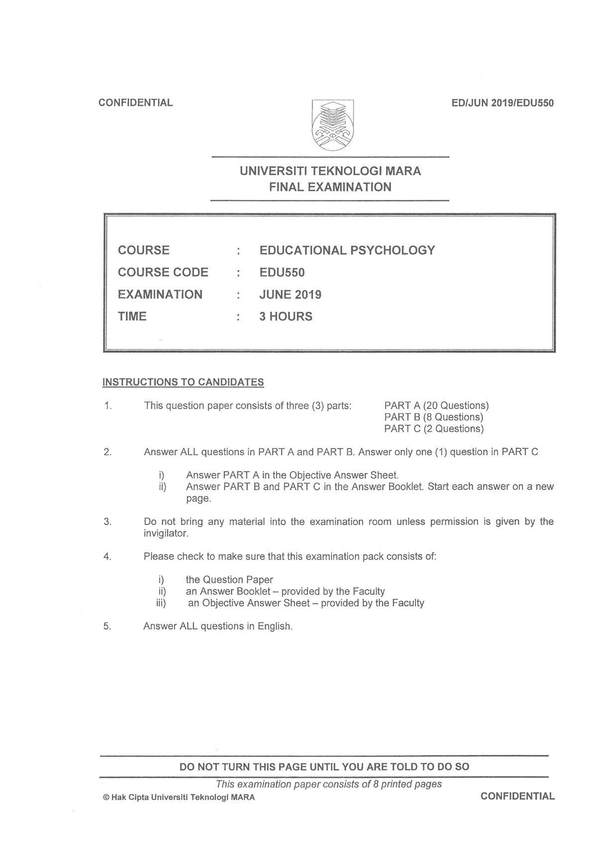 EDU550 final exam 2019 - Past Year Exam Paper - Educational Psychology ...