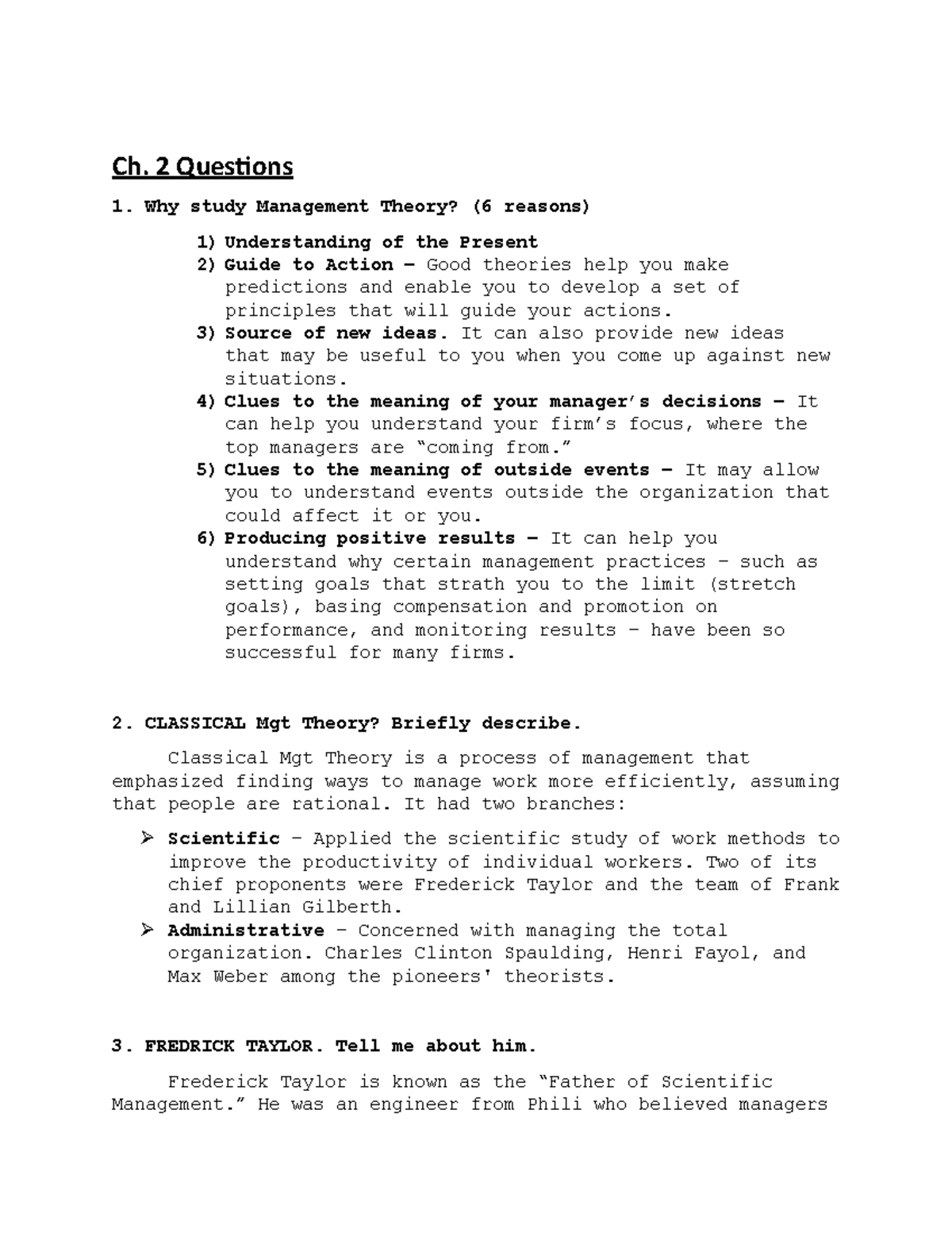 Ch 2 Questions - Ch. 2 Questions Why study Management Theory? (6 ...