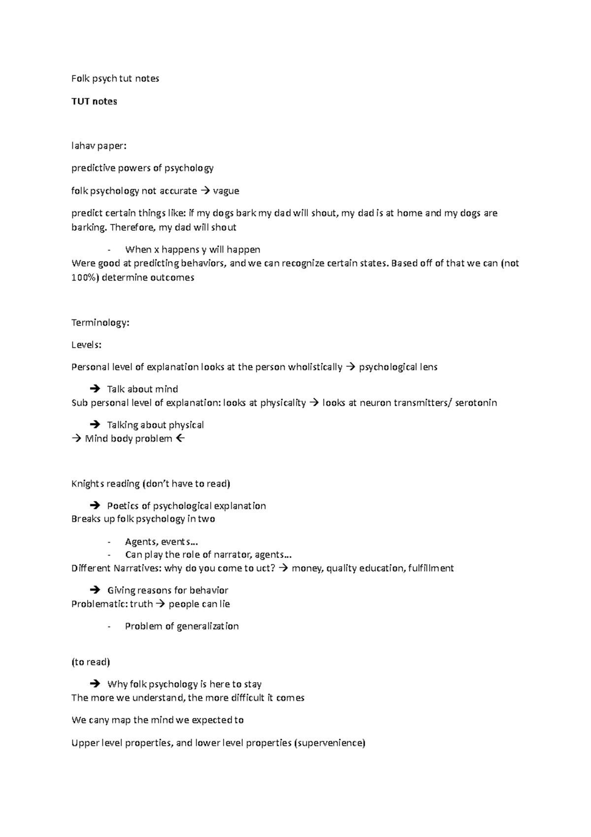 Folk psych tut notes - Therefore, my dad will shout - When x happens y ...