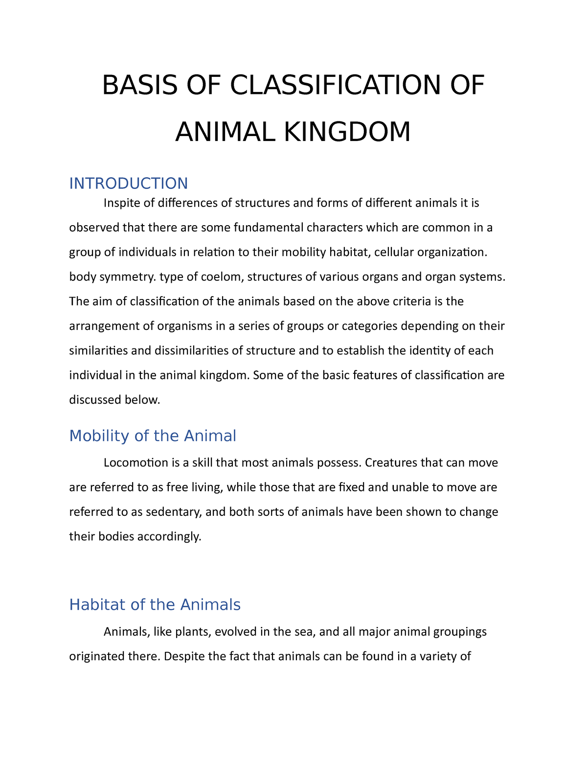 Basis OF Classification OF Animal Kingdom - BASIS OF CLASSIFICATION OF ANIMAL  KINGDOM INTRODUCTION - Studocu