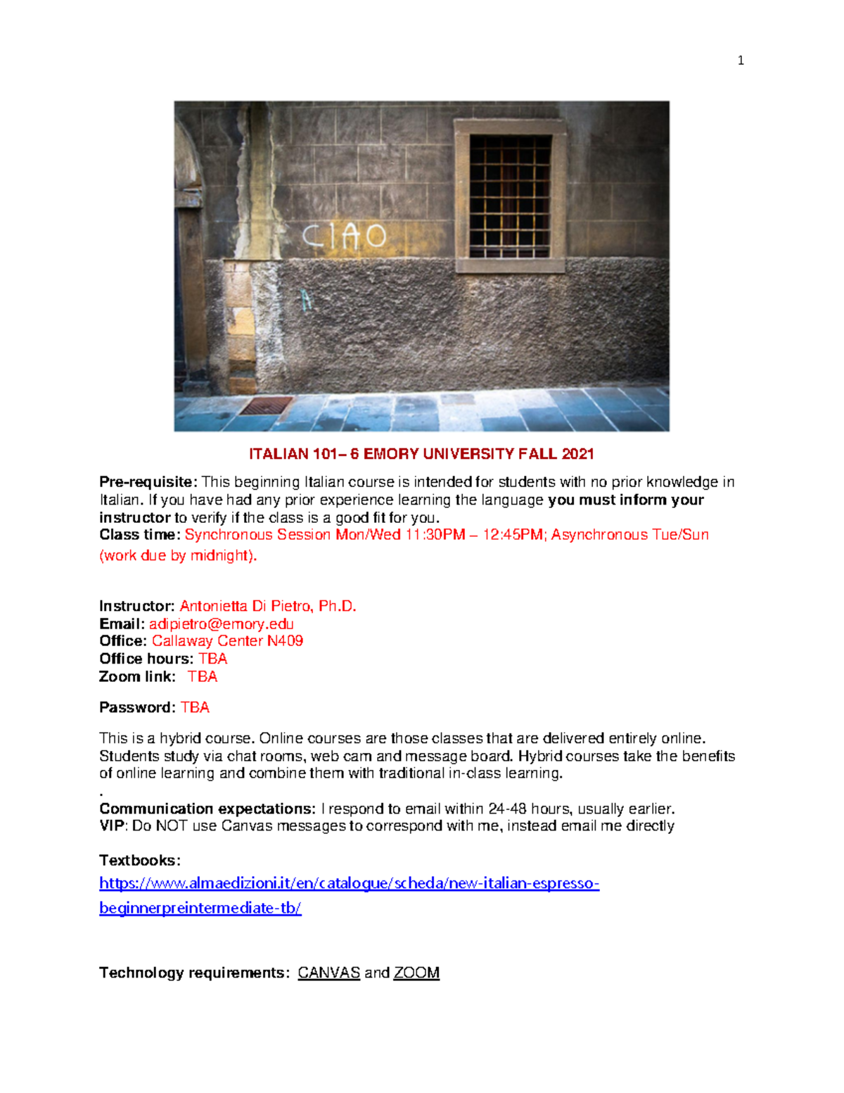 Italian 101-6 adp 2-Fall2021 - ITALIAN 101 – 6 EMORY UNIVERSITY FALL ...