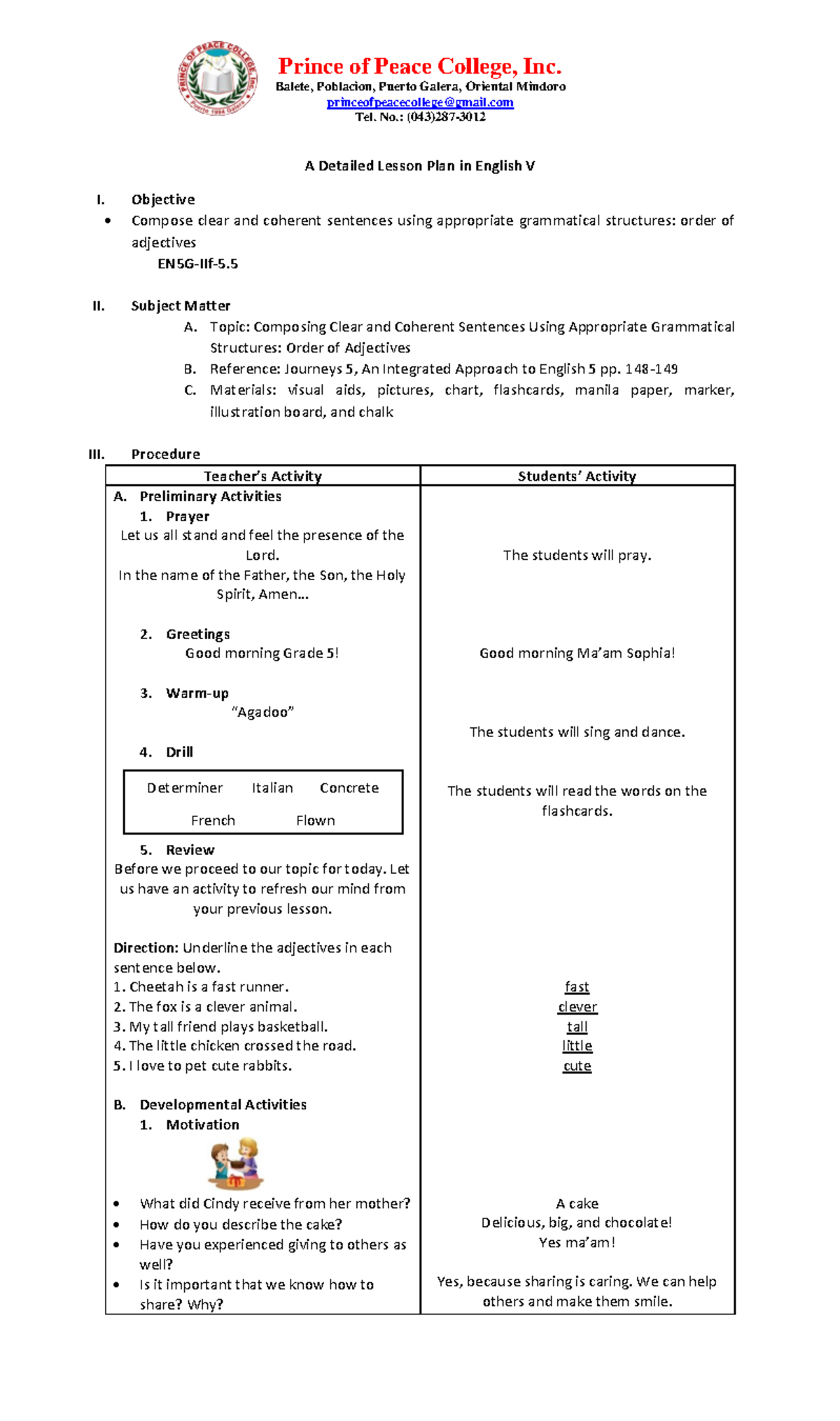 LP-English Sophia-order of adjectives - Balete, Poblacion, Puerto ...