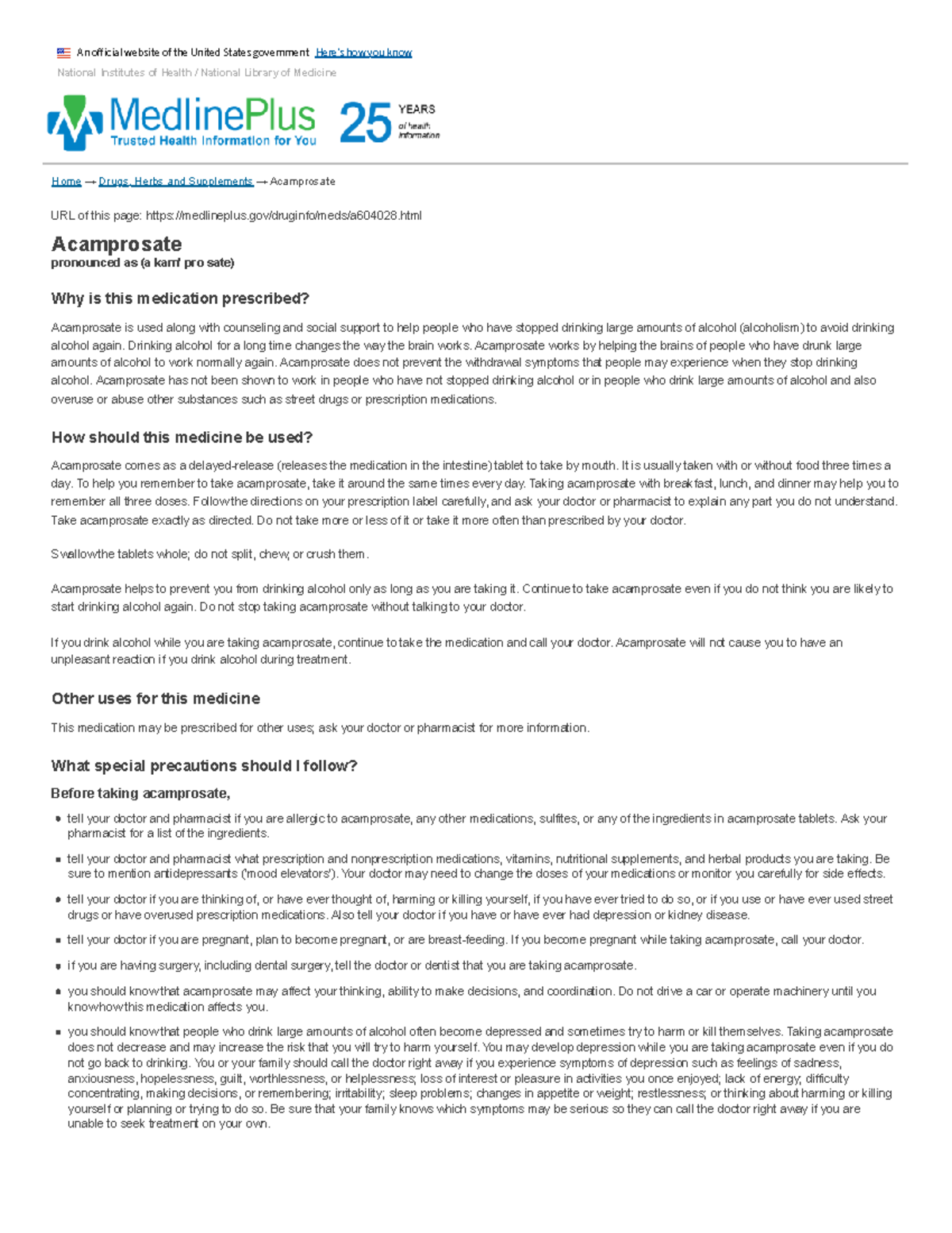 Acamprosate Medline Plus Drug Information - Home → Drugs, Herbs and ...