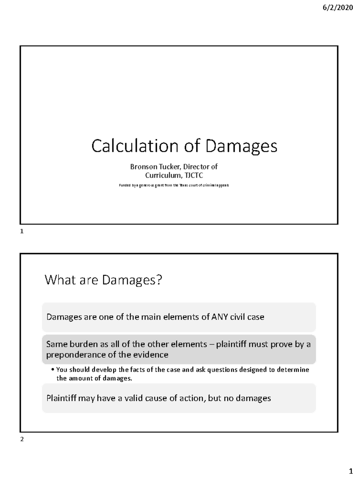 Calculation of Damages Handout - Calculation of Damages Bronson Tucker ...