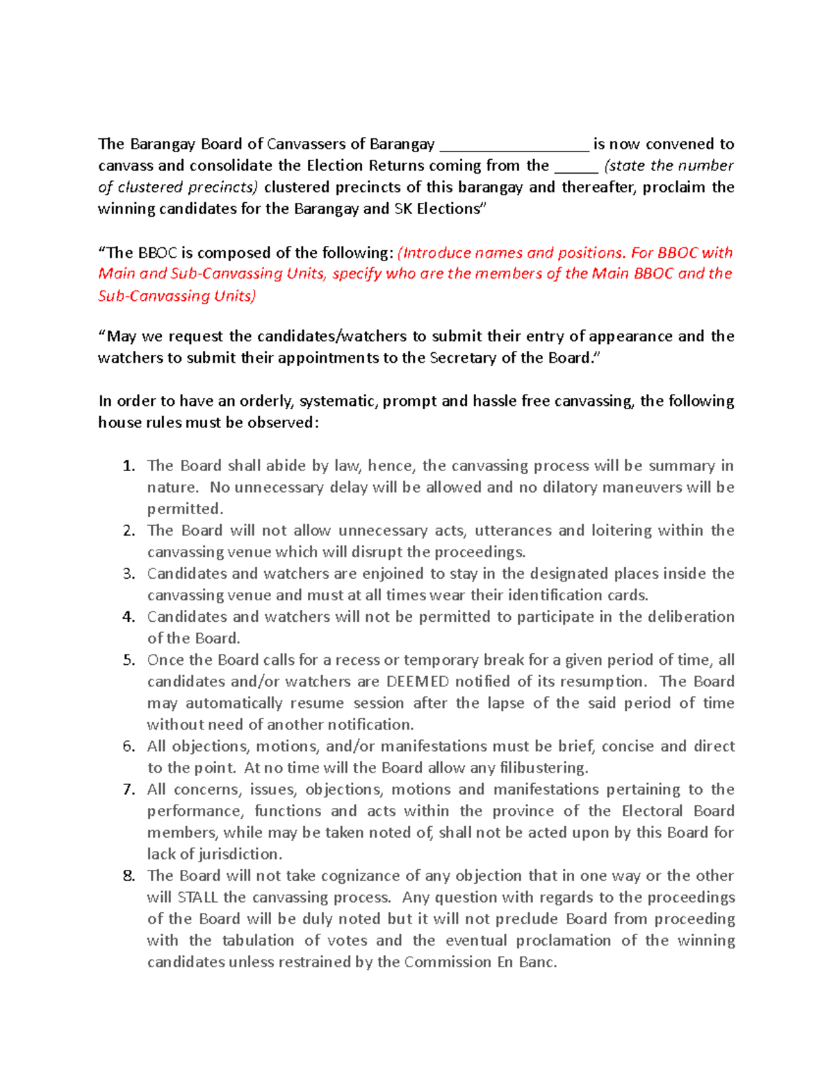 BBOC Script The Barangay Board of Canvassers of Barangay
