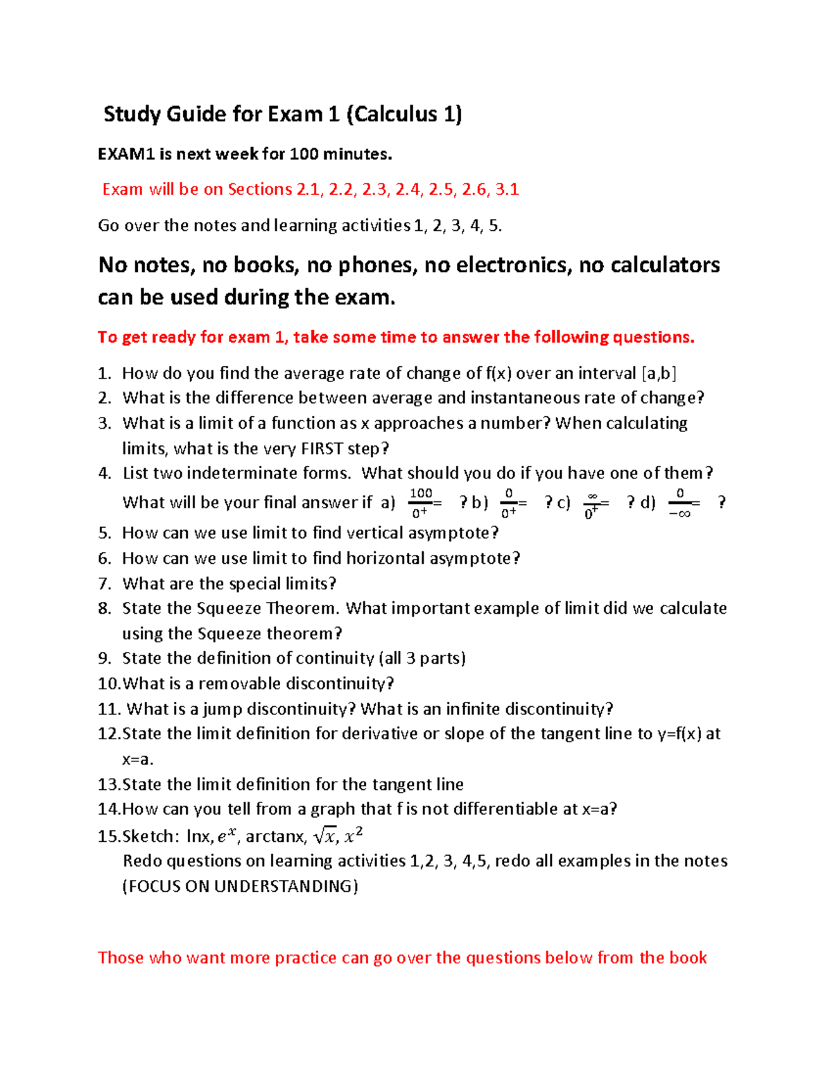 Study Guide Exam1 calculus 1 - Study Guide for Exam 1 (Calculus 1 ...