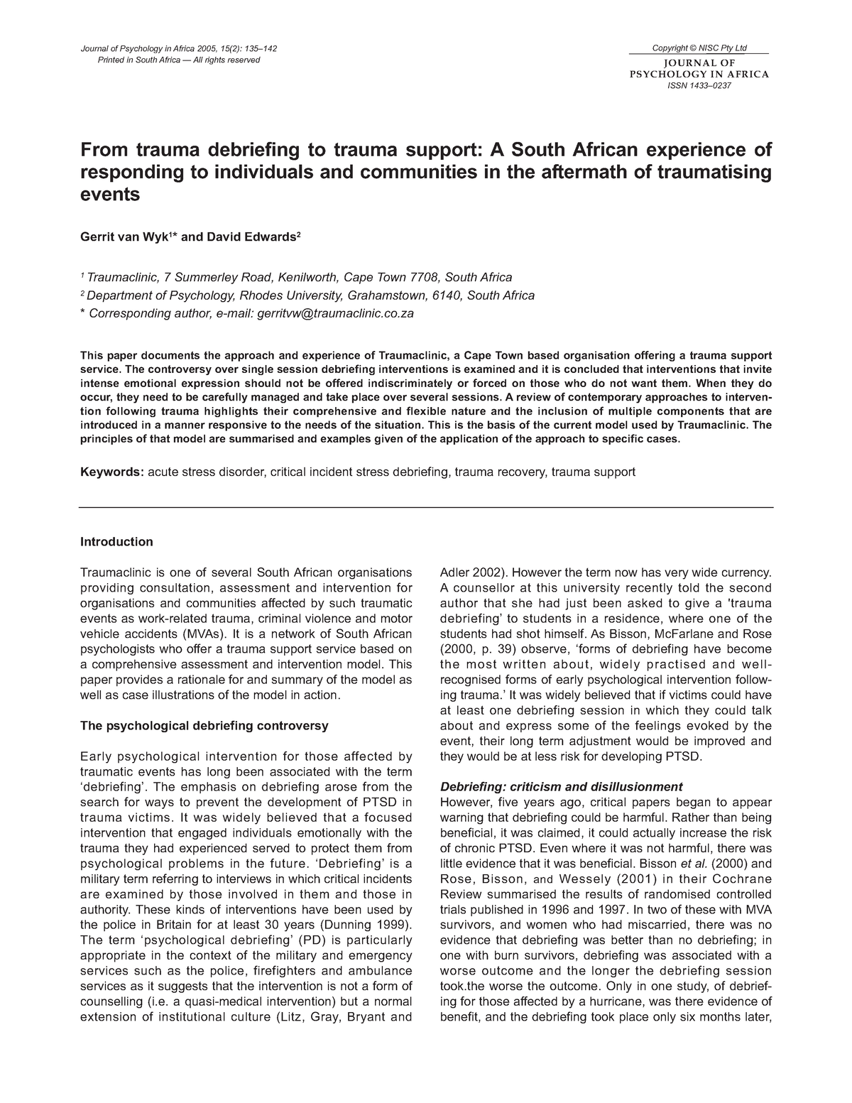 From trauma debriefing to trauma support - Journal of Psychology in ...