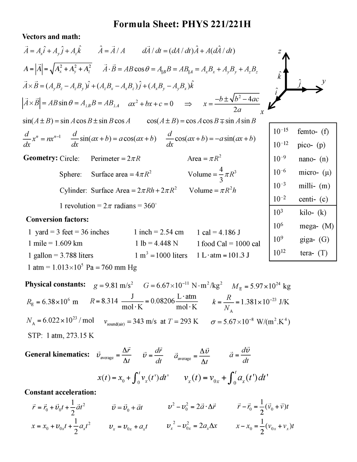 Formula Sheet Physics - Formula Sheet: PHYS 221/221H 10 − 15 femto- (f ...