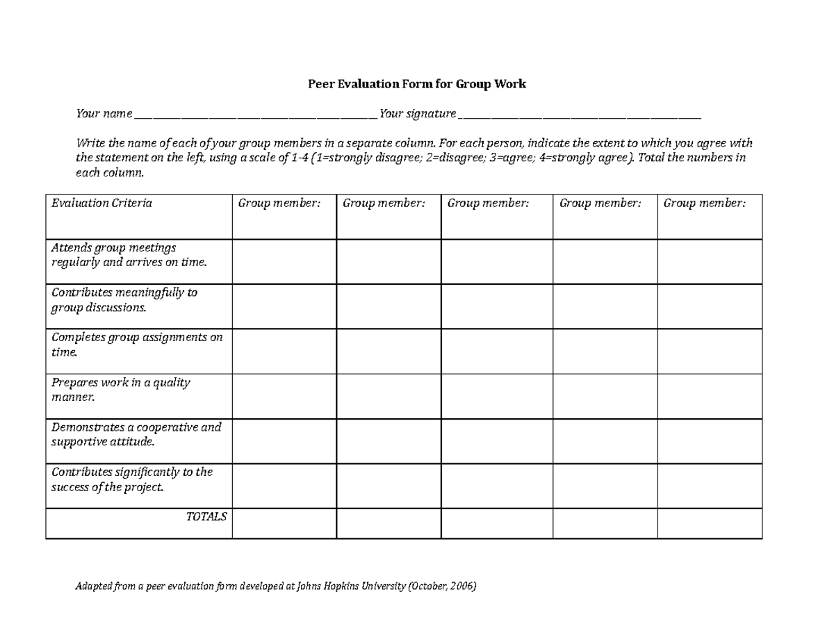 Ueh Isb Peer Evaluation Form 2 - Peer Evaluation Form For Group Work 