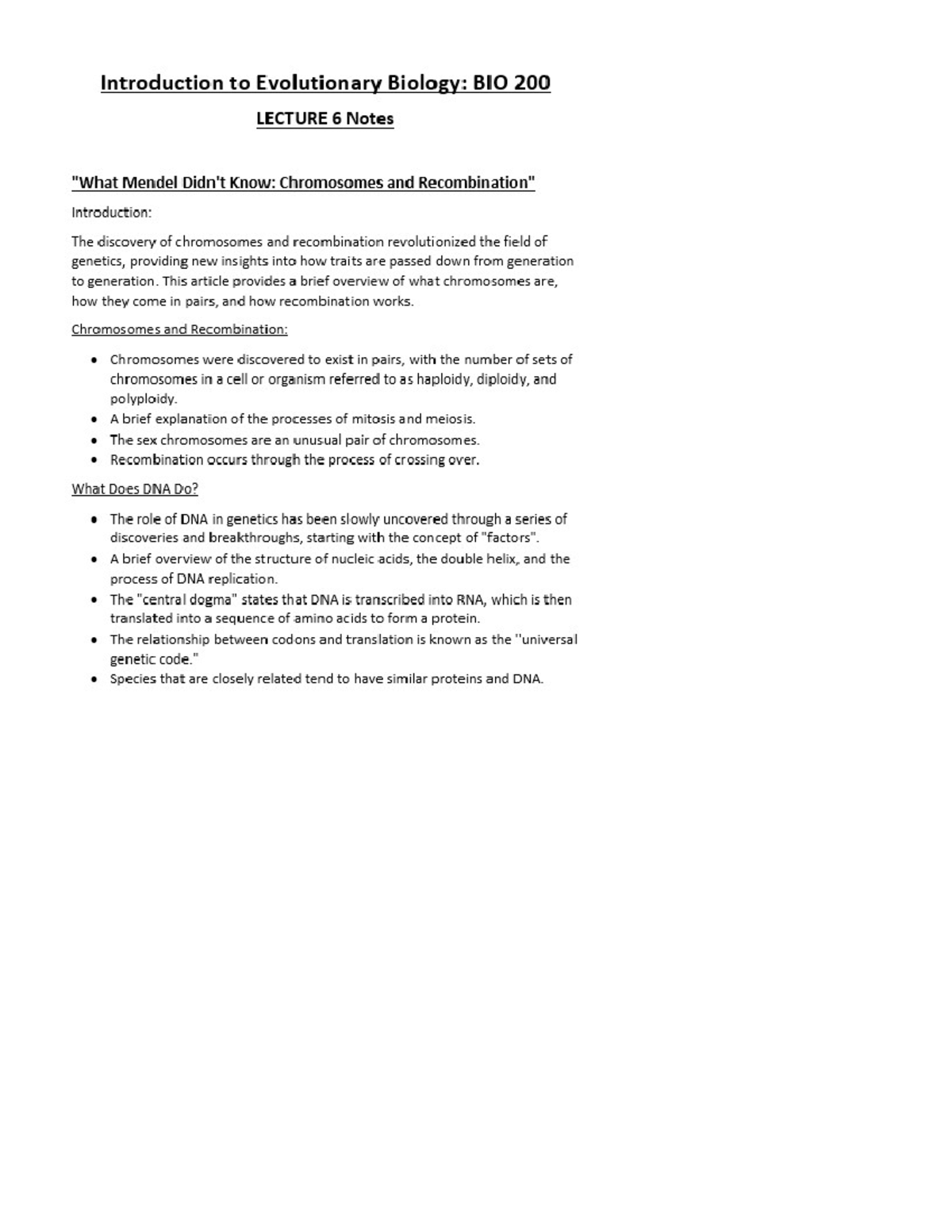 Introduction to Evolutionary Biology BIO 200 Lecture 6 - MY Notes Page ...