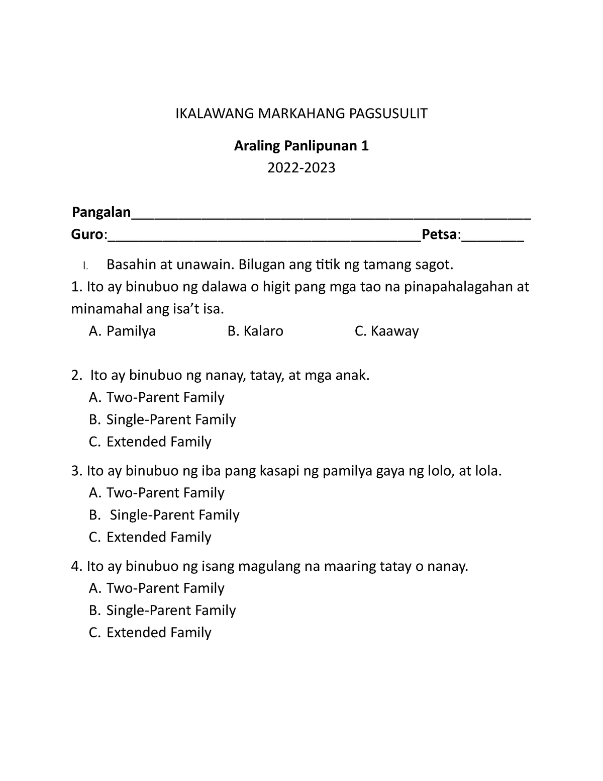 Araling Panlipunan 1 - Q2 - IKALAWANG MARKAHANG PAGSUSULIT Araling ...