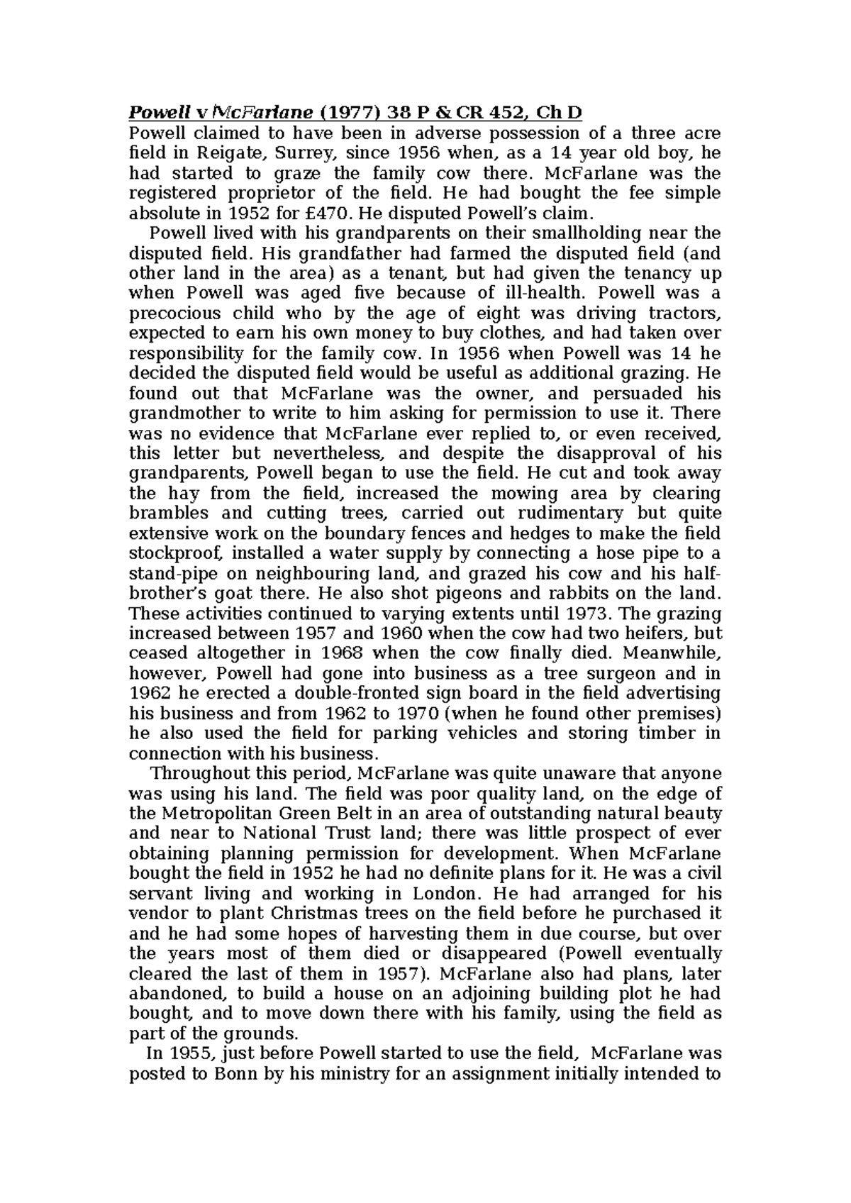 3024 2545 Ch7Exts - notes for land law ' - Powell v McFarlane (1977) 38