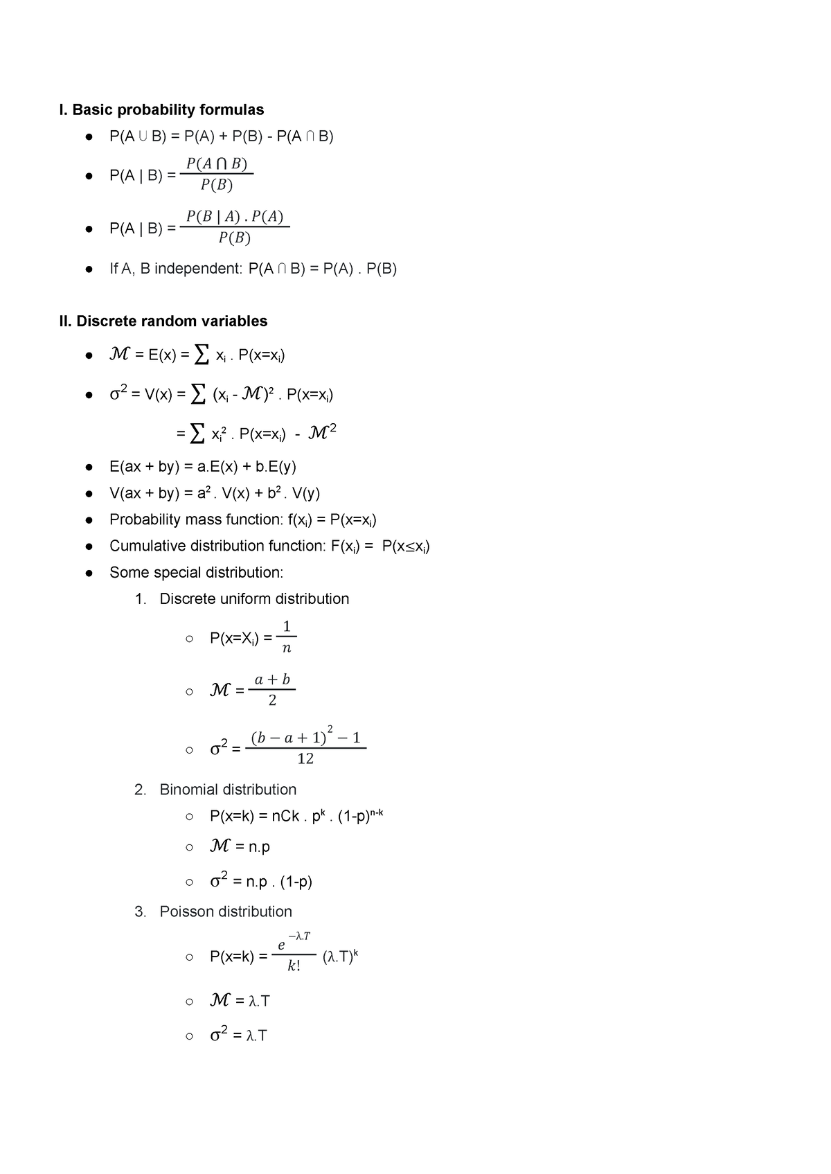 Summary-MAS291 - MAS291 - I. Basic Probability Formulas P(A ⋃ B) = P(A ...