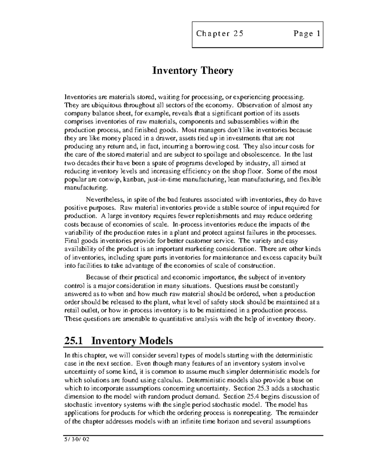 Inventory Models - Chapter 25 Page 1 5/30/ Inventory Theory Inventories ...