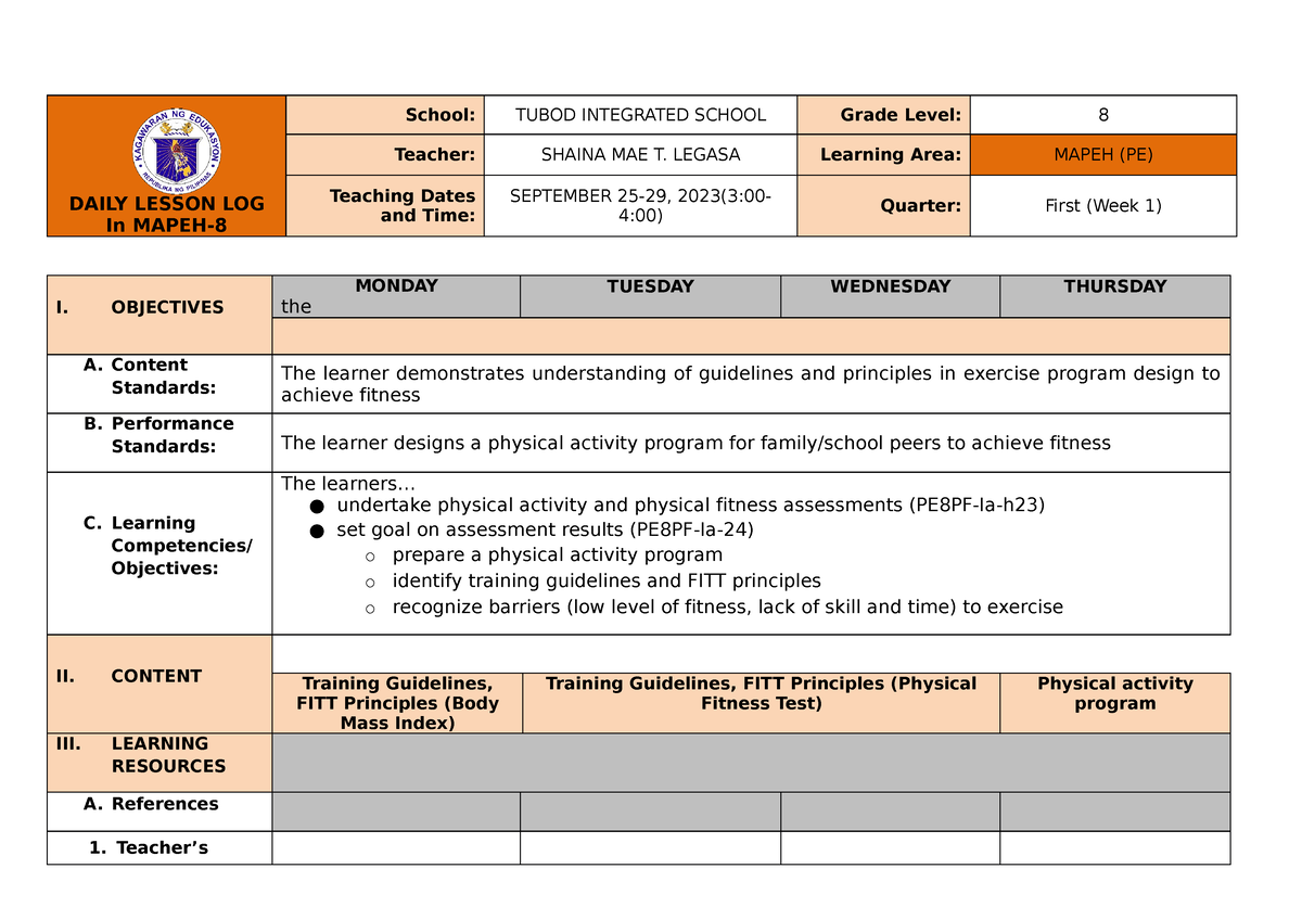 Q1 DLL PE8 WEEK1 - DLL AND MODULE - DAILY LESSON LOG In MAPEH- School ...