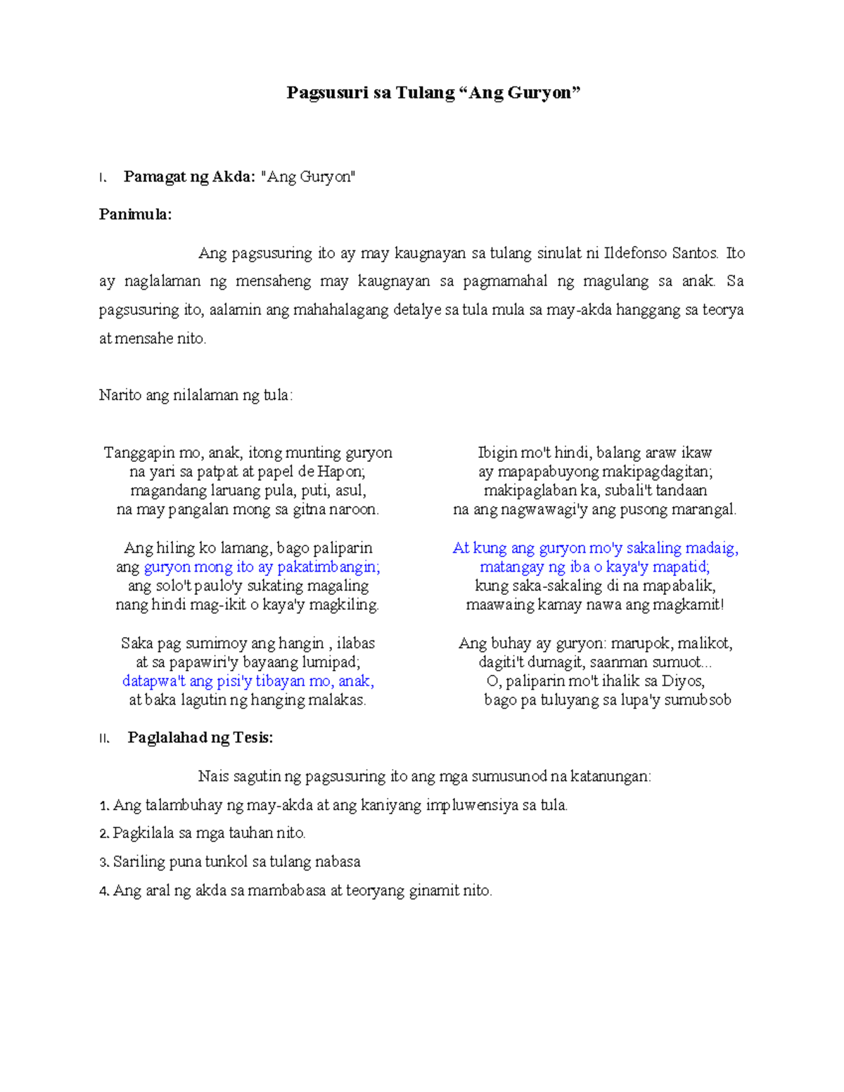 Guryon-Pagsusuri-NEW - Pagsusuri sa Tulang “Ang Guryon” I. Pamagat ng ...