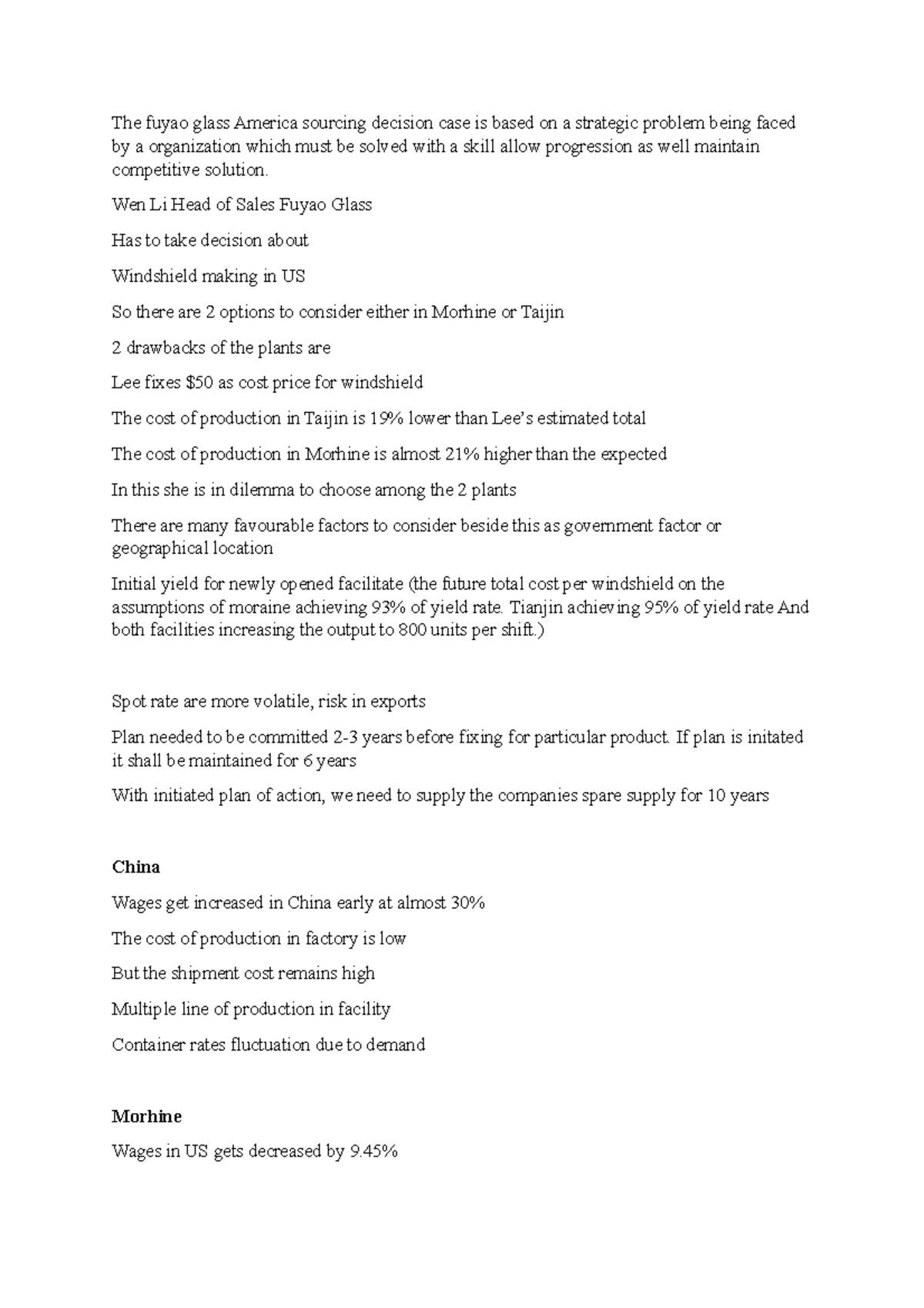 Fuyao Glass Executive Summary The fuyao glass America sourcing decision case is based on a