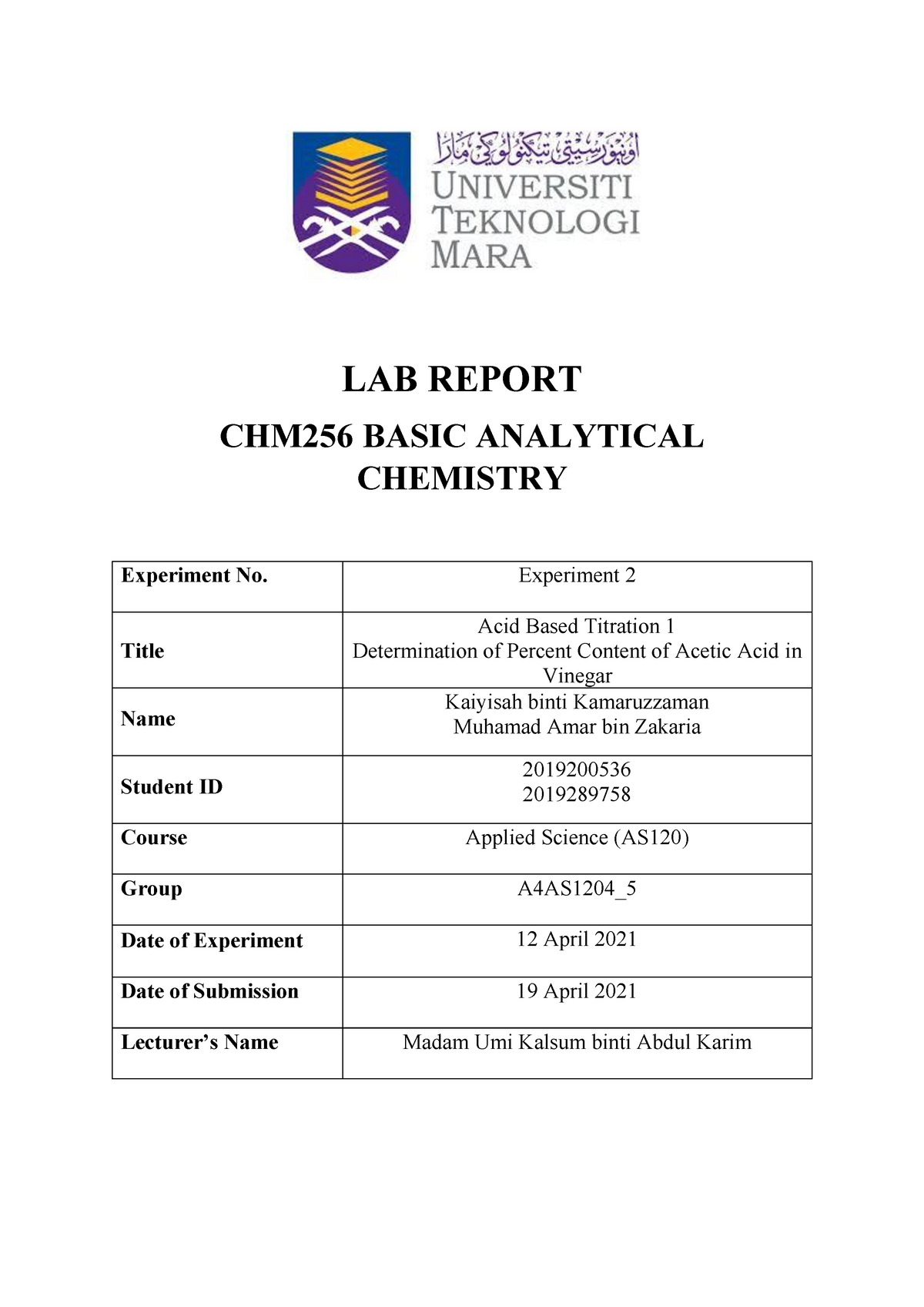 CHEMISTRY CHM256 Experiment 2 - LAB REPORT CHM 256 BASIC ANALYTICAL ...