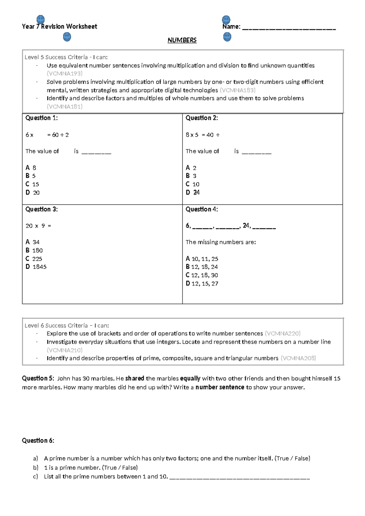 Revision Worksheet Number - Year 7 Revision Worksheet Name ...