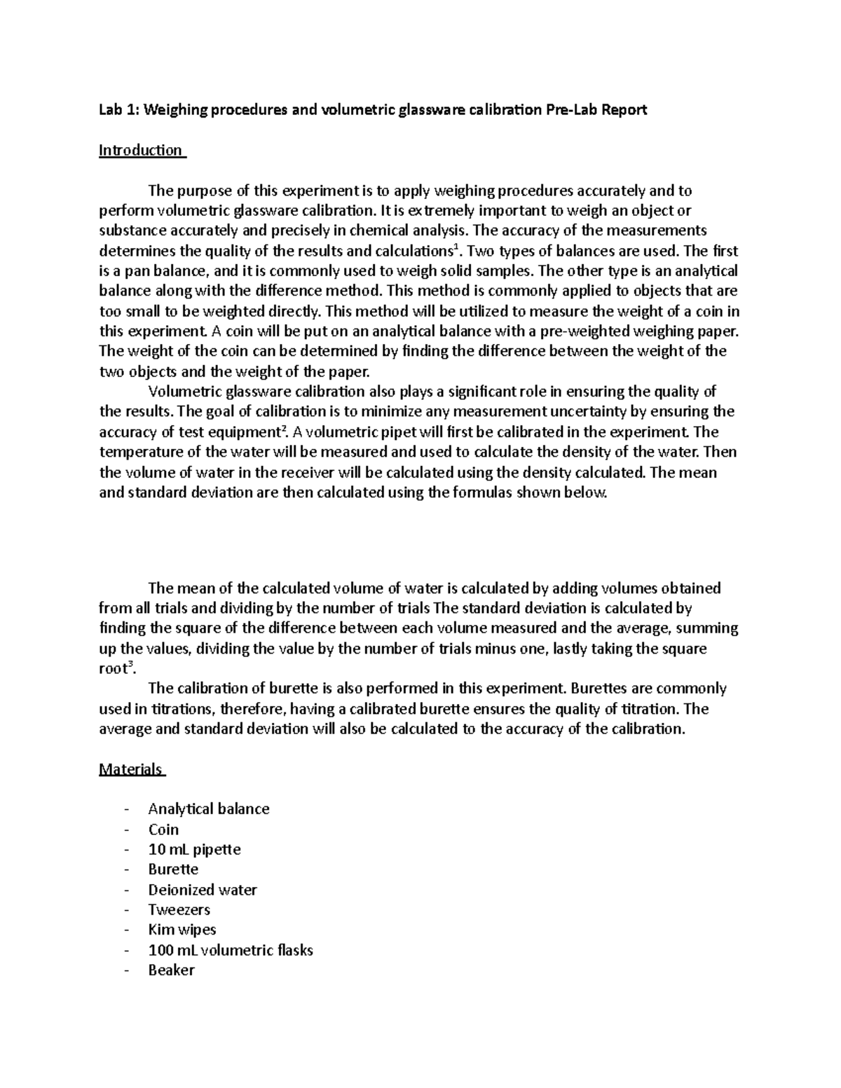 Prelab 1 Analytical Chemistry Lab Weighing procedures and volumetric