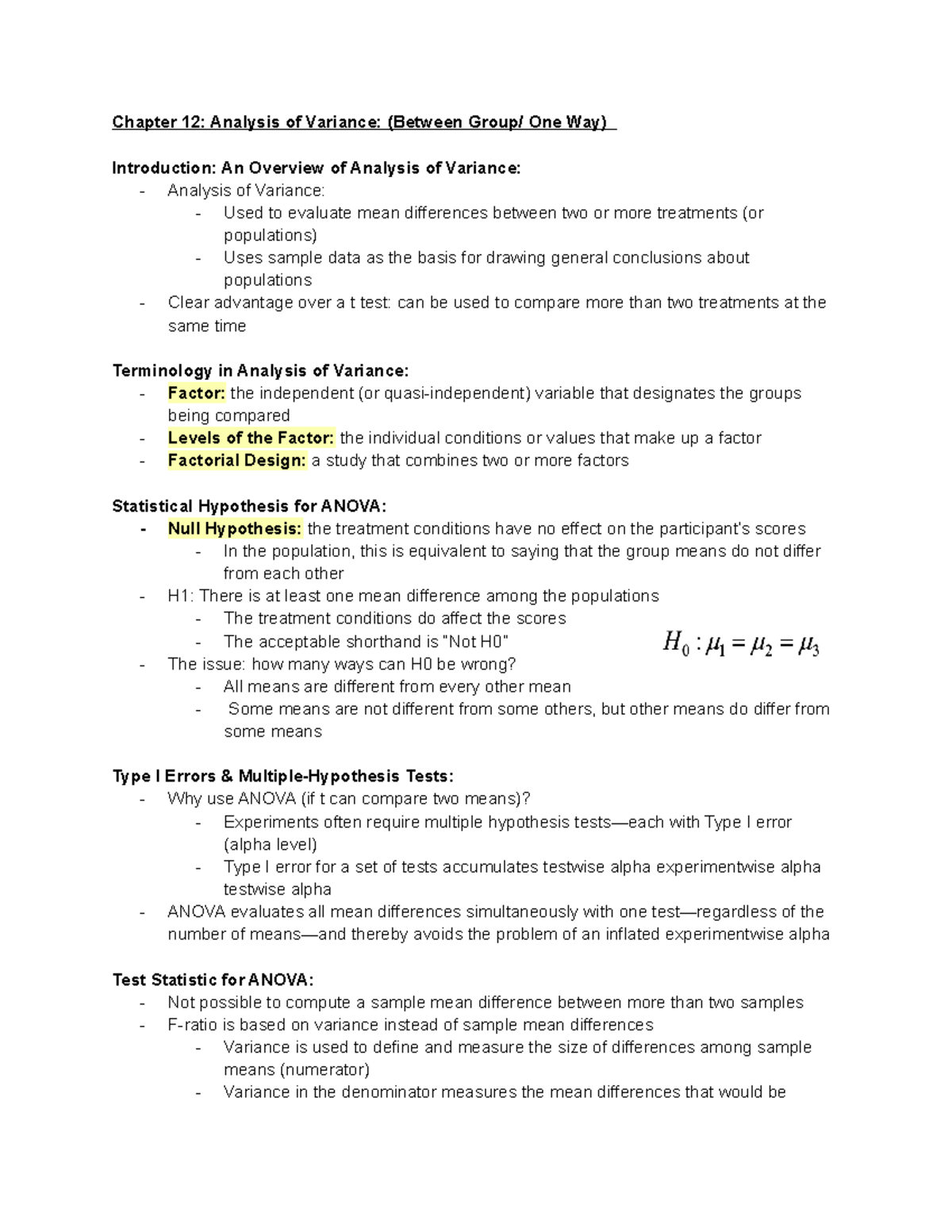 Stats psychology final exam - Chapter 12: Analysis of Variance ...