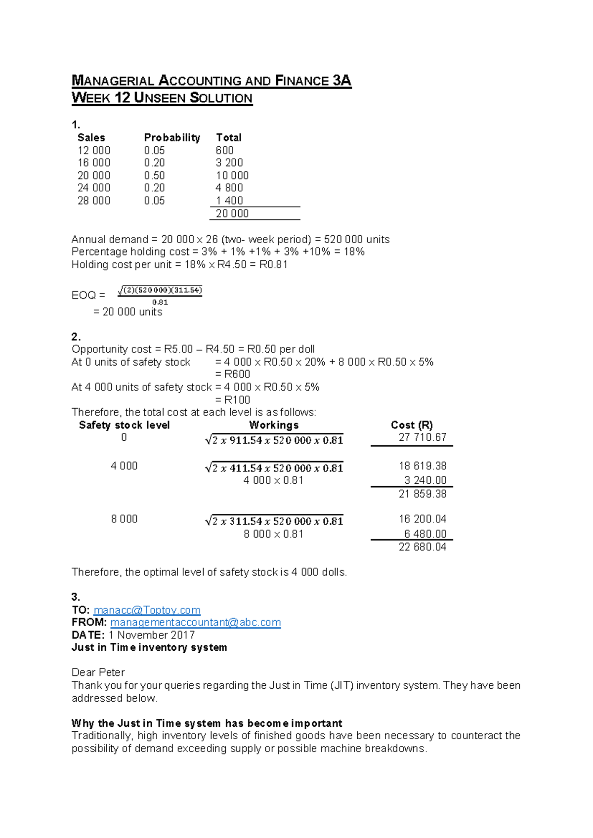 ACCT331 Week 12 Unseen solution - MANAGERIAL ACCOUNTING AND FINANCE 3A ...