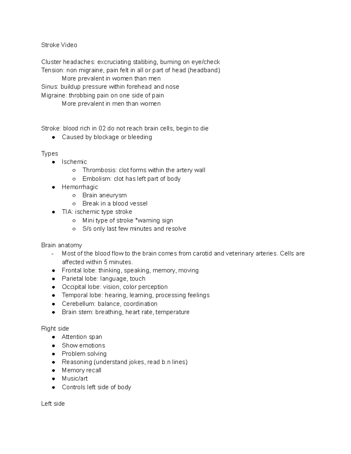 Registered Nurse RN - Notes - Stroke Video Cluster headaches ...
