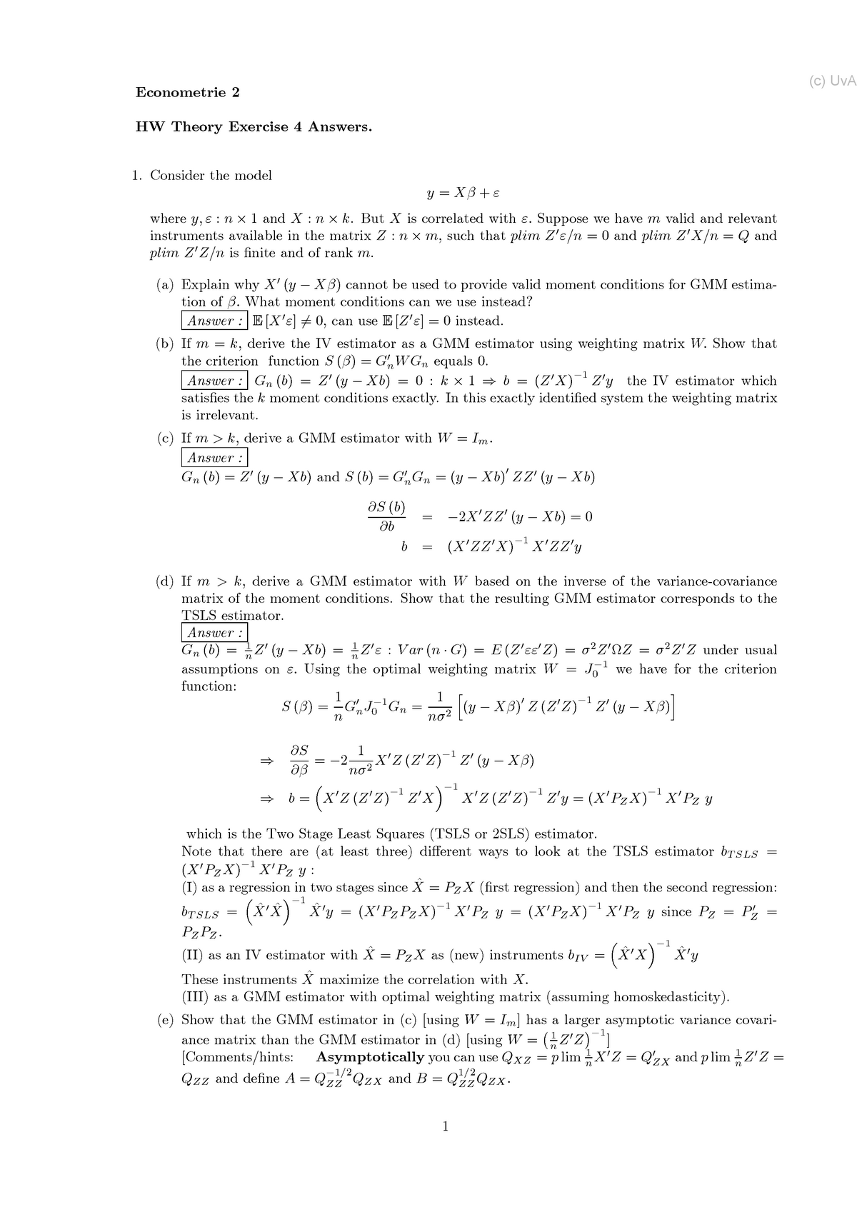 Hw4 Solutionss Hw4 Econometrie 1 6012b0285y Uva Studeersnel