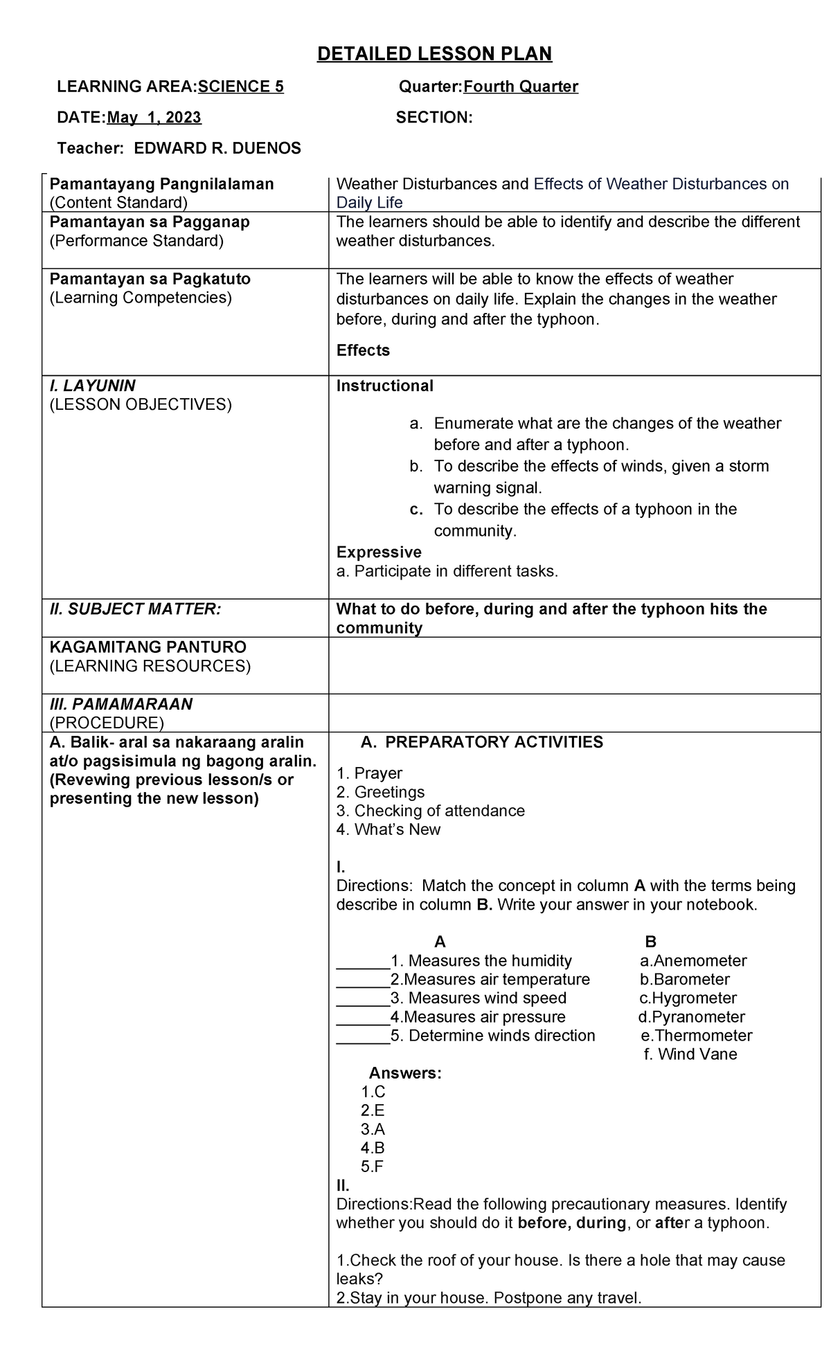 Grade 5 Q4 -Weather Disturbances - Pamantayang Pangnilalaman (Content ...