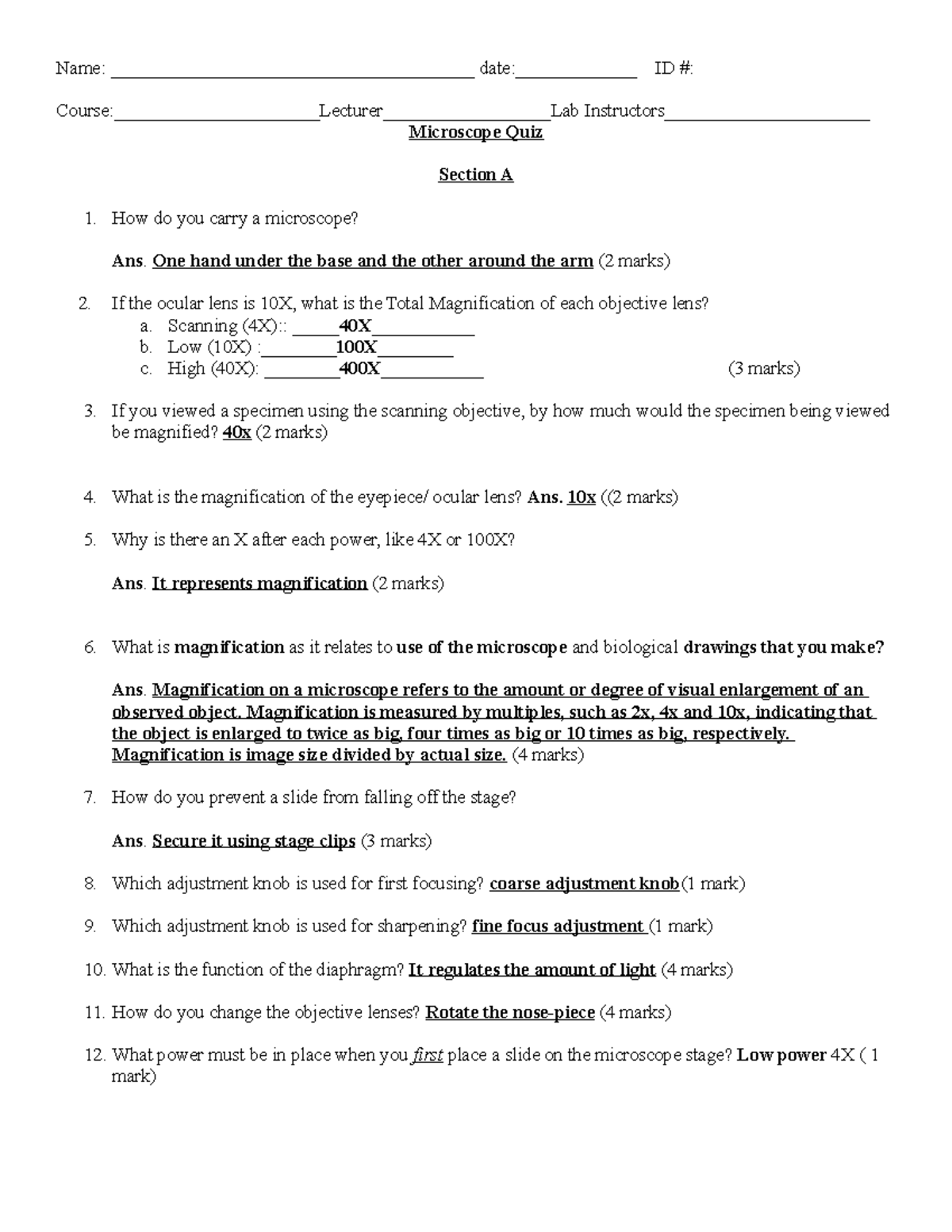 Microscope Quiz CourseLecturer__________________Lab Instructors