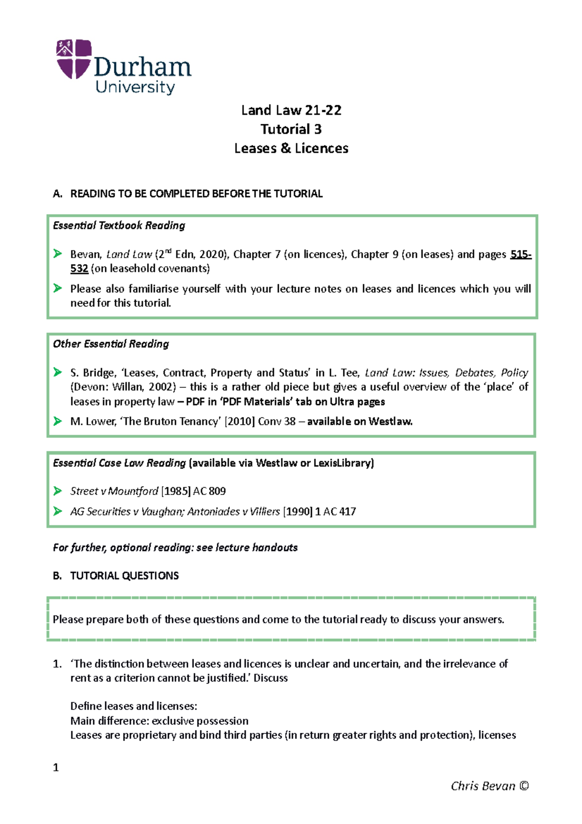 Land Law Tutorial 3 - Yes - Land Law 21- Tutorial 3 Leases & Licences A ...