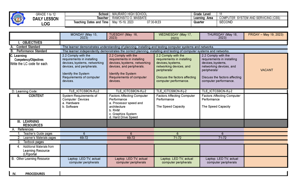DLL - N/A - GRADE 1 to 12 DAILY LESSON LOG School MAURARO HIGH SCHOOL ...