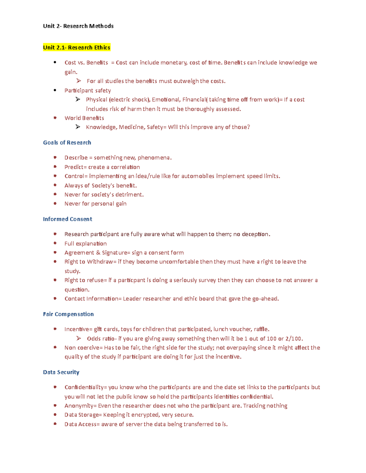 Unit 2 NOTES FOR VIDEO LEXTURES - Unit 2- Research Ethics Cost vs ...