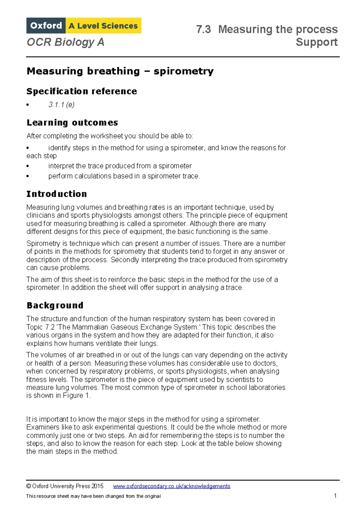 Exercise and spirometry OCR Biology A Support Measuring breathing
